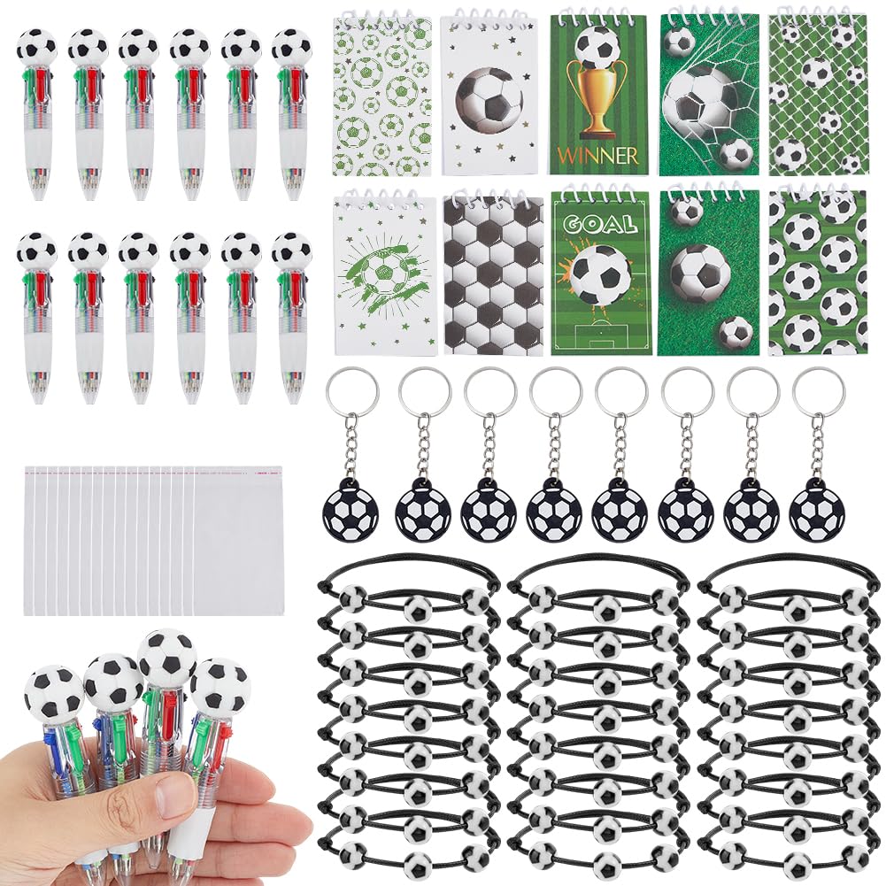 DELORIGIN 30 Sets Soccer Party Favors Sport Pens Keychain Pinball Disks Favor Set Football Goodie Bags Ballpoint Pen Acrylic Beaded Bracelets Silicone Keychains Gift for Sports Lover Class Rewards