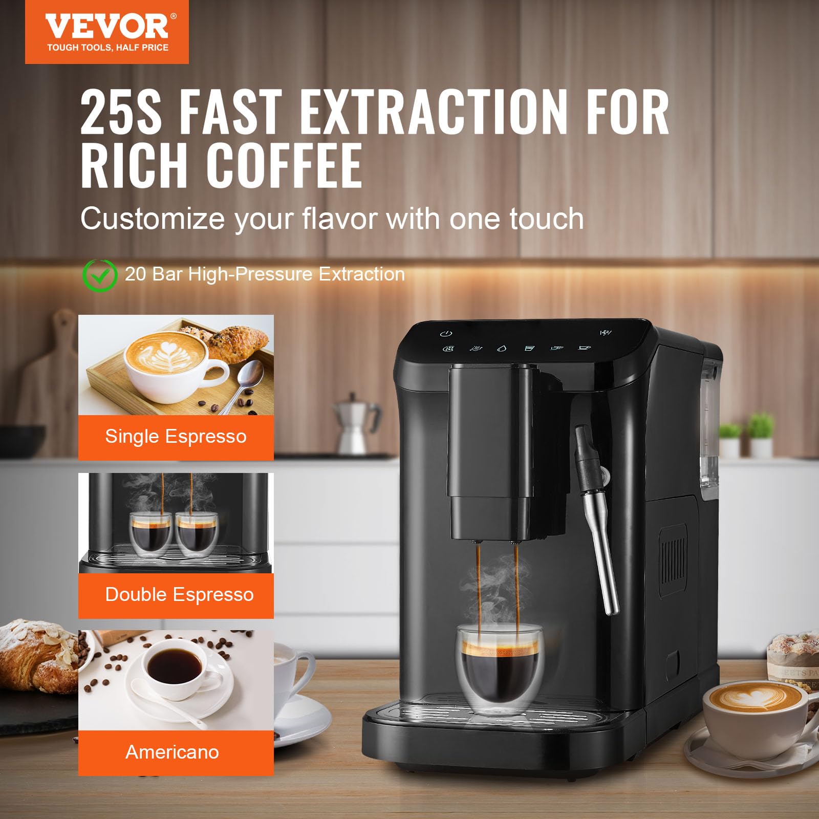 VEVOR Macchina per caffè espresso automatica, Macchina per caffè con lancia vapore, Macinacaffè impostazioni di macinatura a 15 livelli, Macchina per caffè espresso serbatoio dell'acqua 1,5 litri