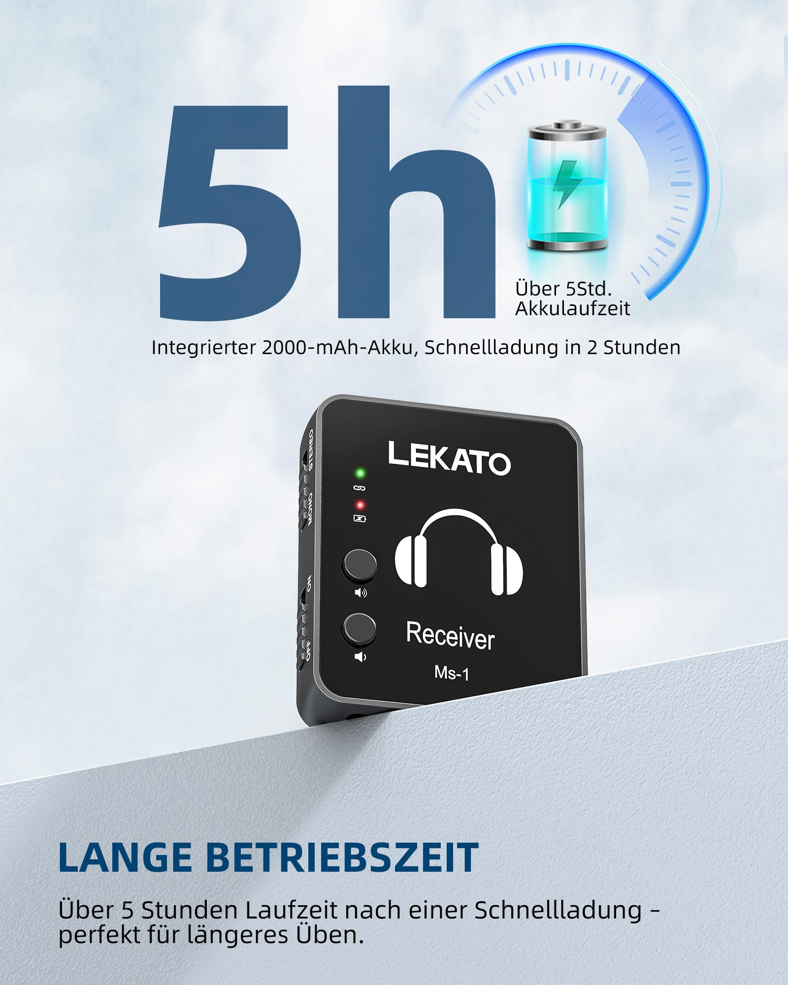 MS-1 Drahtloses In-Ear Monitoring, LEKATO Professionelles kabelloses 2.4G Stereo IEM-System mit Sender & Empfänger Betrieb im Mono- und Stereo-Mode Geeignet für Studio Live-Auftritt und Musiker