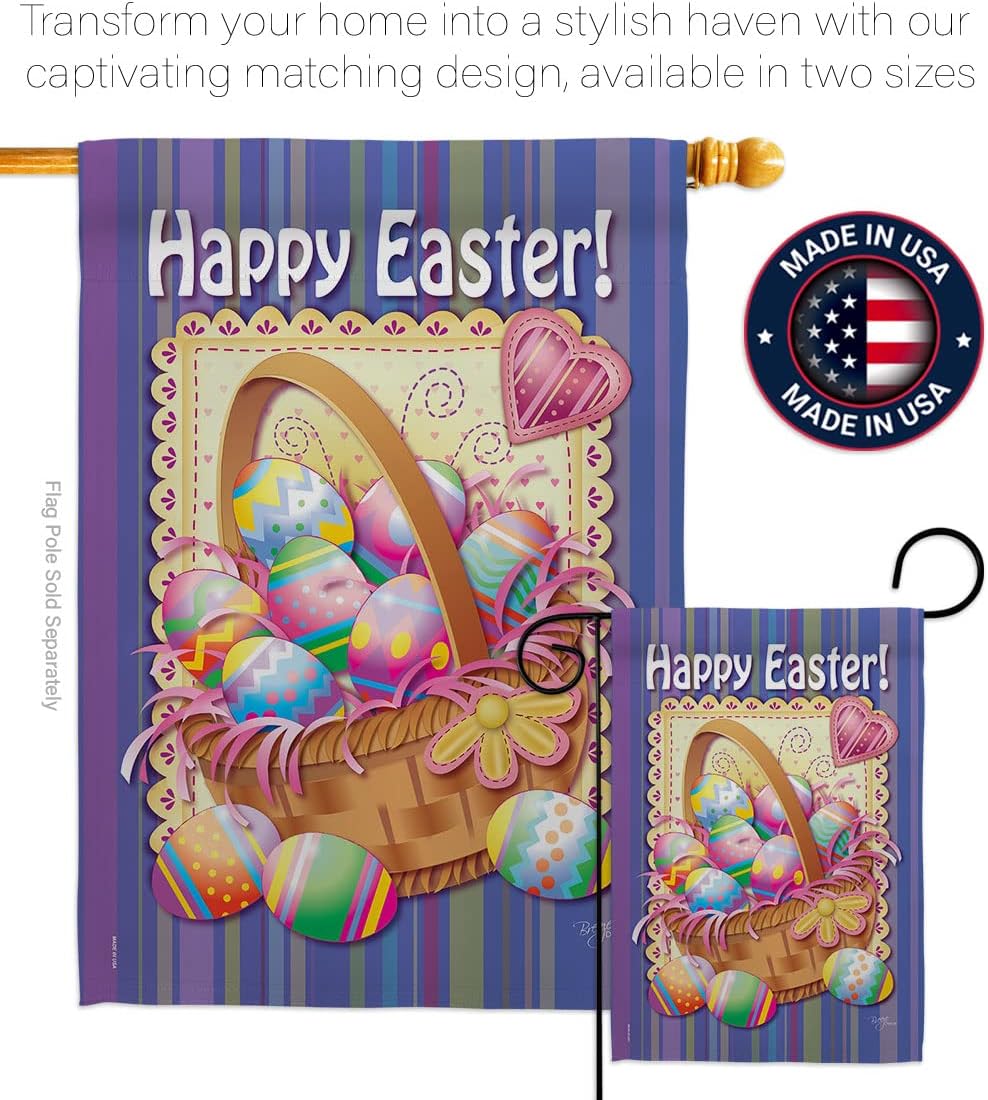 Breeze Decor Easter Basket Garden House Spring Happy Bunny Egg Christian Season Springtime Holiday Decoration Banner Yard Gift Double-Sided, Large & Small Flags Set, Made in USA