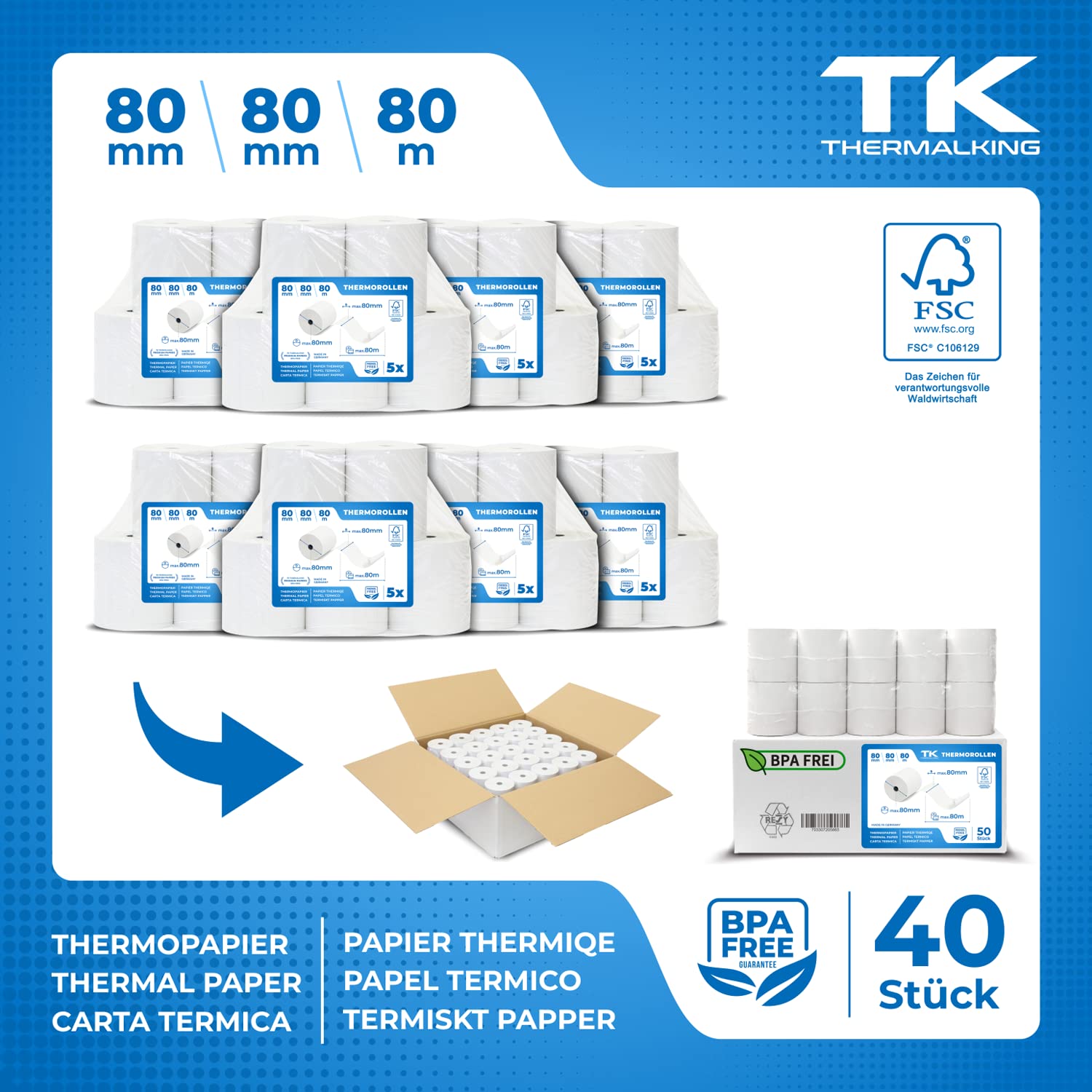 THERMALKING - Rotoli Cassa 80x80 Termica Fiscale [senza BPA] - Rotolo per stampante registratore di cassa fiscale 80mm x 80m x 12mm - Rotolini carta termica 80x80x12 - [40x]