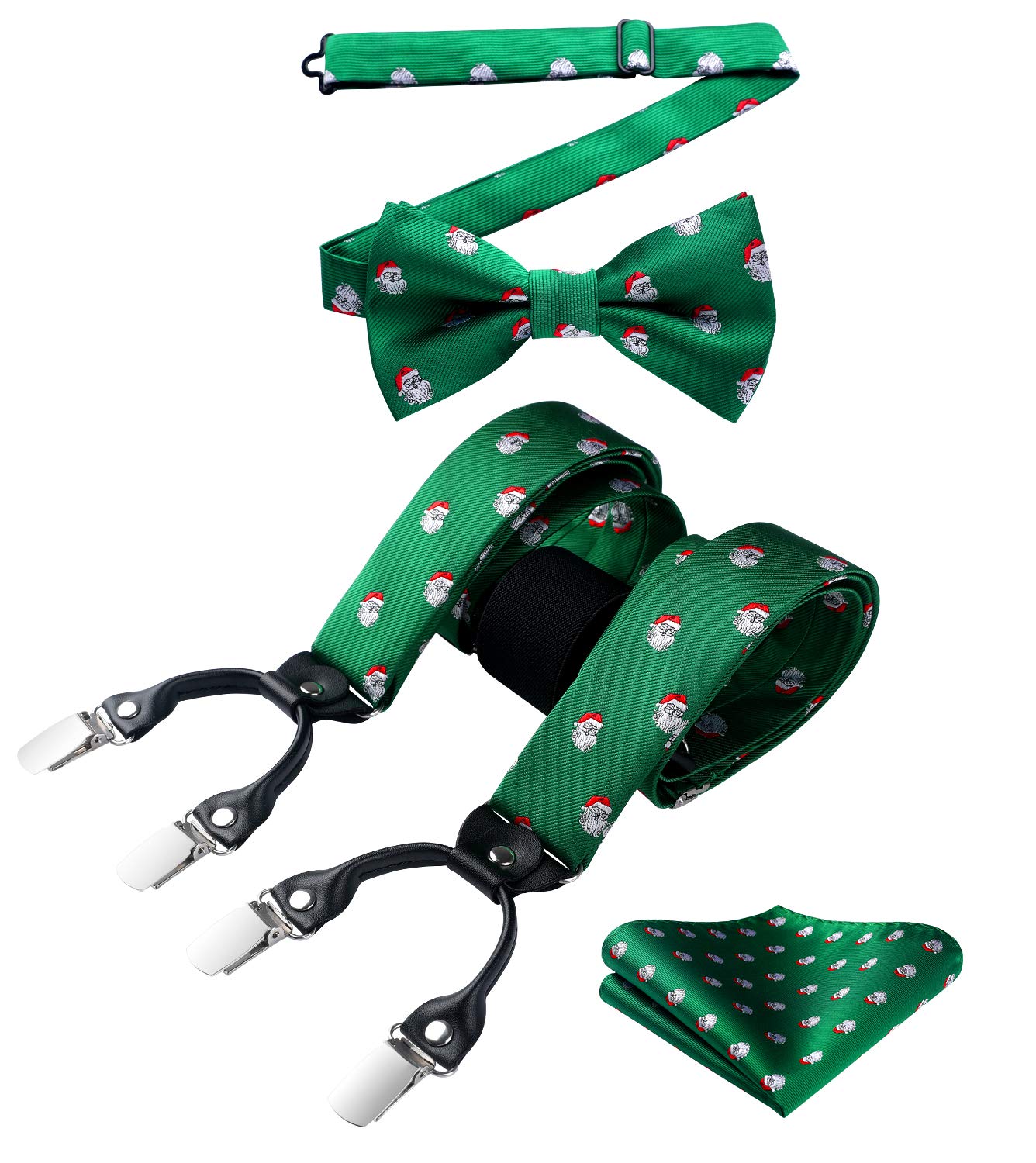 HISDERN Bretels voor heren, set met vlinderdas, pochet, verstelbare Y-vorm met sterke clips, leuk kerstmanpatroon, bretels voor mannen, rood en groen., E¡§|n Maat, Smaragdgroen