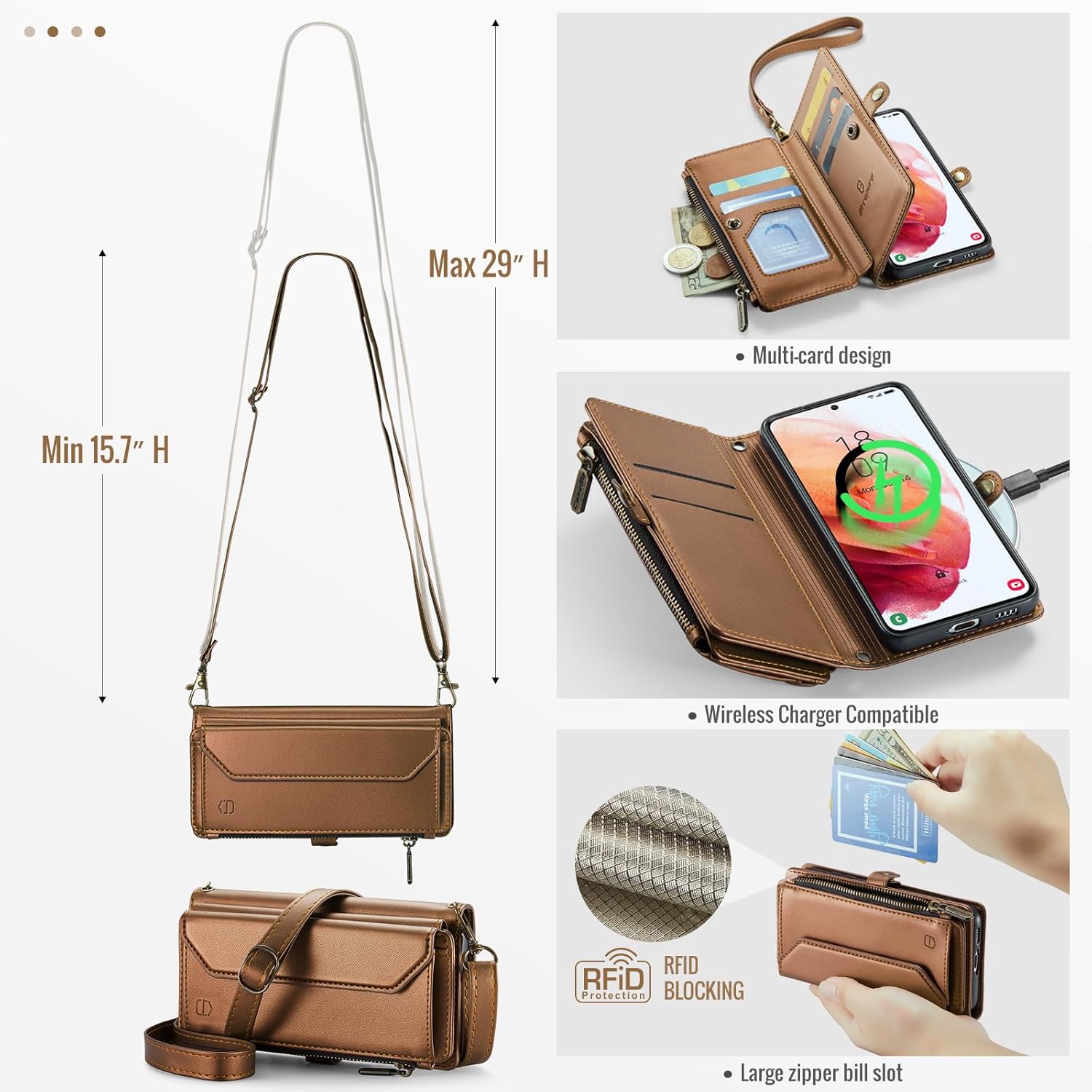 Strapurs Crossbody Wallet Case Compatible with Samsung Galaxy S21 5G RFID Blocking Card Holder Soft PU Leather Magnetic Snap Shoulder Strap Zipper Pocket Phone Case Fit for Galaxy S21 6.2" - Brown