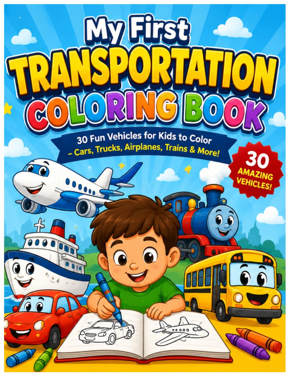 My First Transportation Coloring Book: 30 Fun Vehicles for Kids to Color – Cars, Trucks, Airplanes, Trains & More!