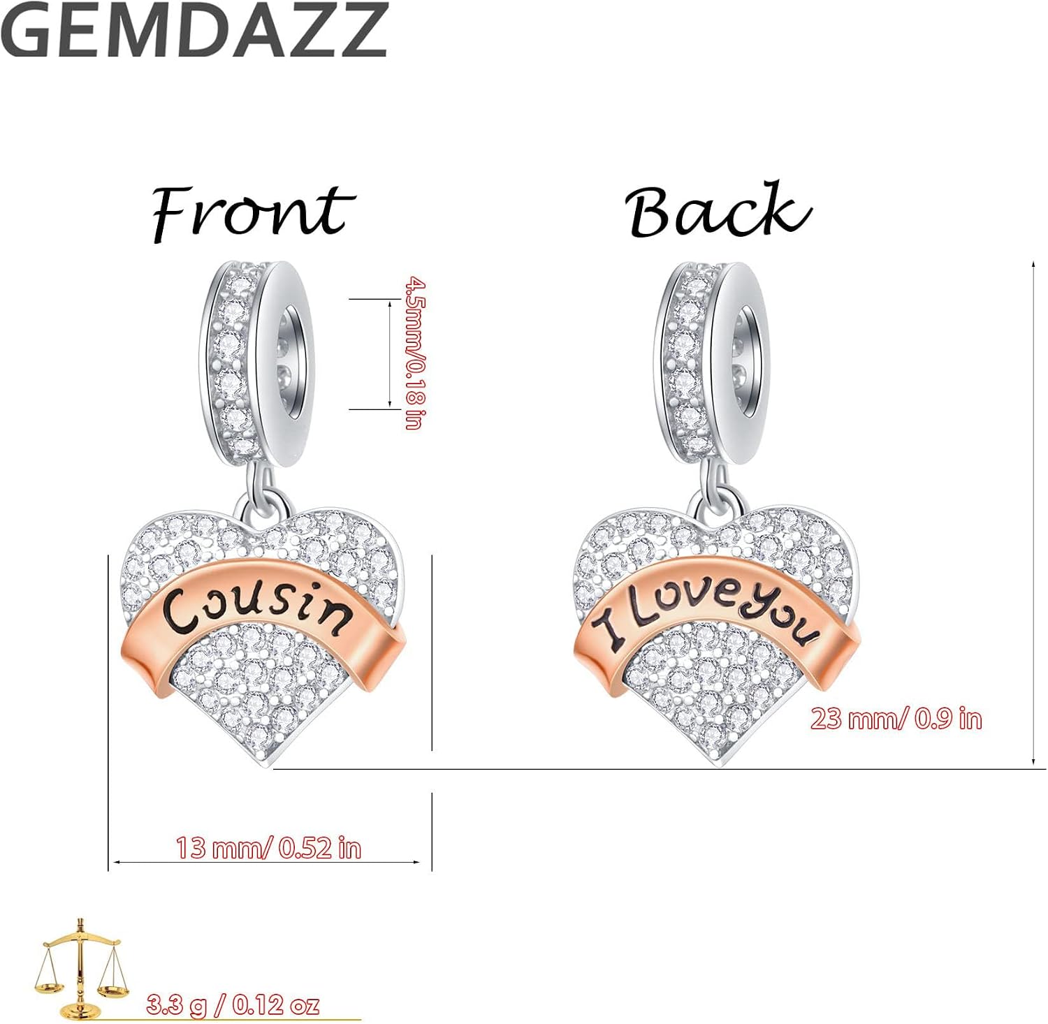 GEMDAZZ Family Theme Charm, 925 Sterling Silver Mother Father Daughter Son Sister Nana Wife Husband Grandma Friend Godmother Goddaughter Clear Pave Heart Pendant Beads, fit European Women Bracelet