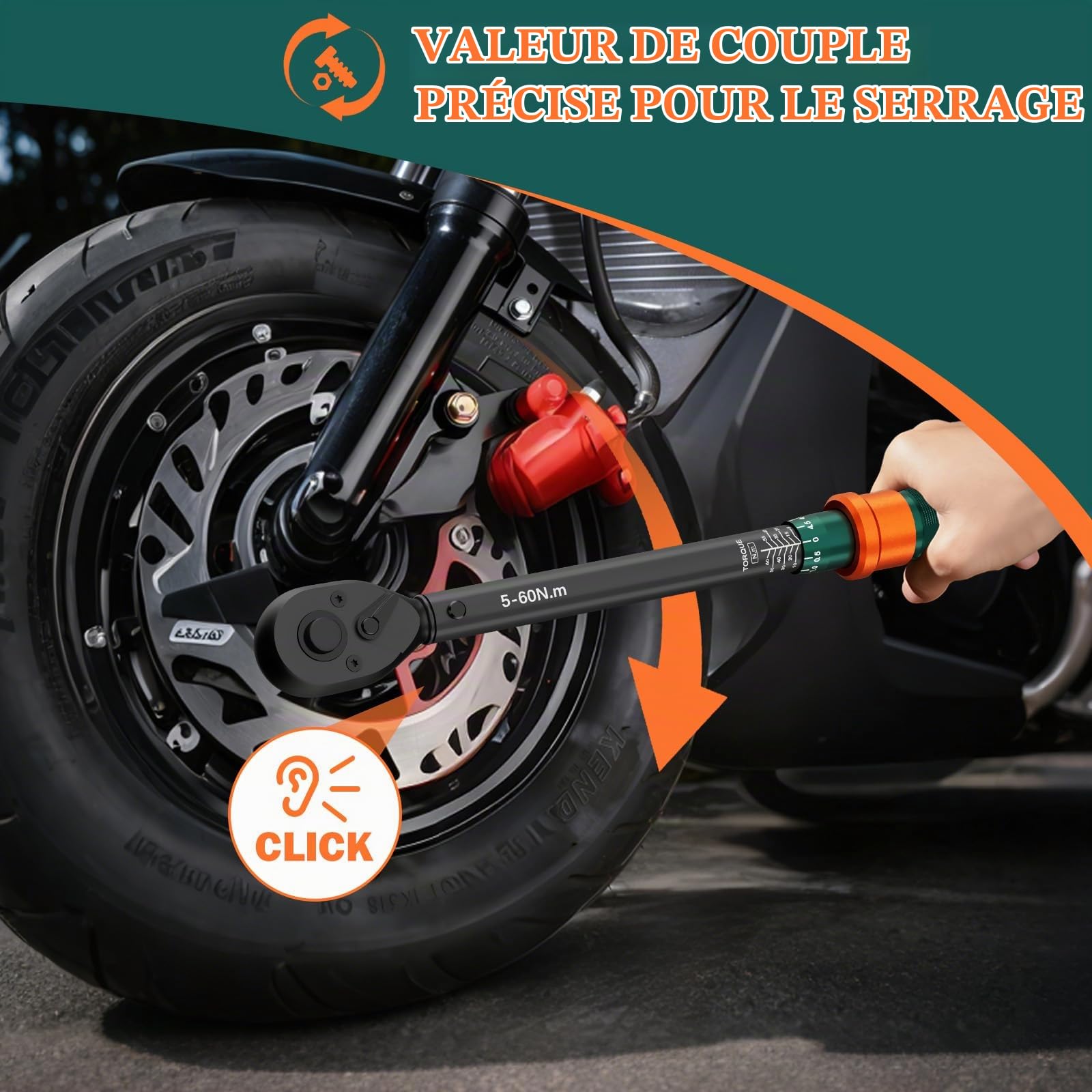 Clé Dynamométrique 3/8, 5-60Nm, 72 Dents Réversible, Précision ±3% | avec Barre D'extension 250mm, Douilles à Bougie, Cardan Universel, pour Vélo et Moto, Changement des Bougies Auto