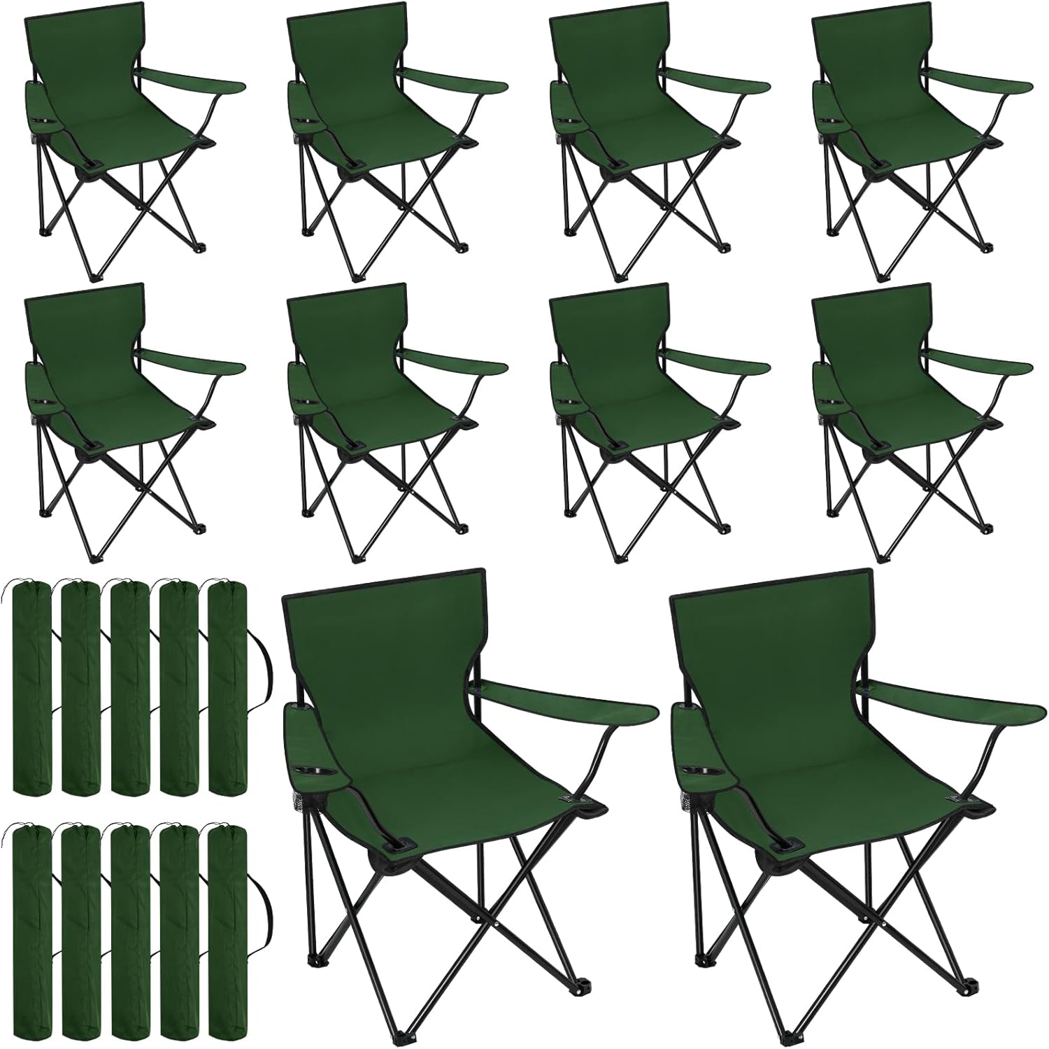 Huwena 10 Pack Folding Camping Chairs Bulk with Cupholder Carry Bags Lightweight Camp Chairs Collapsible Portable Outdoor Lawn Chair for Picnic, Beach, Outside Green