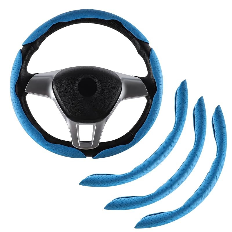 Capa para Volante em Couro Nappa Amiss Azul com Design Segmentado Kit com 3 Peças
