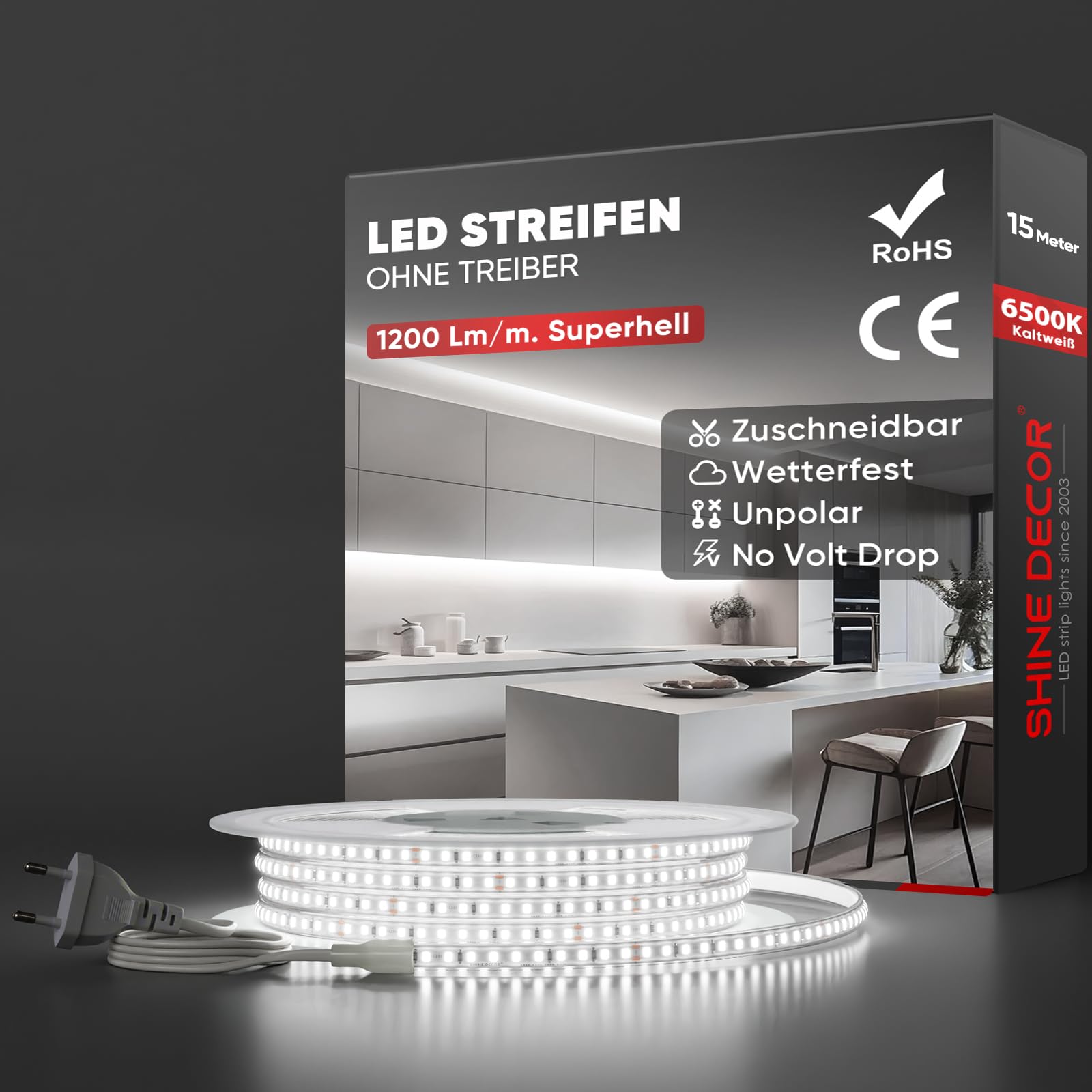Shine Decor LED Streifen, AC 220V 230V IP65 Wasserdicht LED Band, SMD 2835 120 leds/m Ultrahohe Helligkeit Lichtleiste für Home Decoration Küche Garten LED Beleuchtung