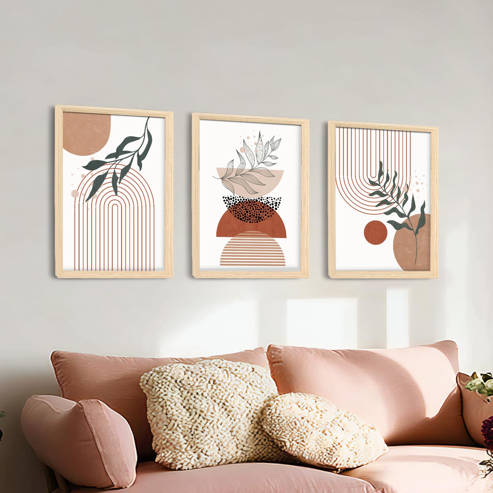 3 Pcs Wooden Framed Canvas Wall Art Set Bohemian Sage Green Canvas Prints Poster Geometric Line Beige Green Pictures for Living Room Bedroom Dinning Room Hallway Stairs Wall Decor 30x40cm x3pcs — view 357