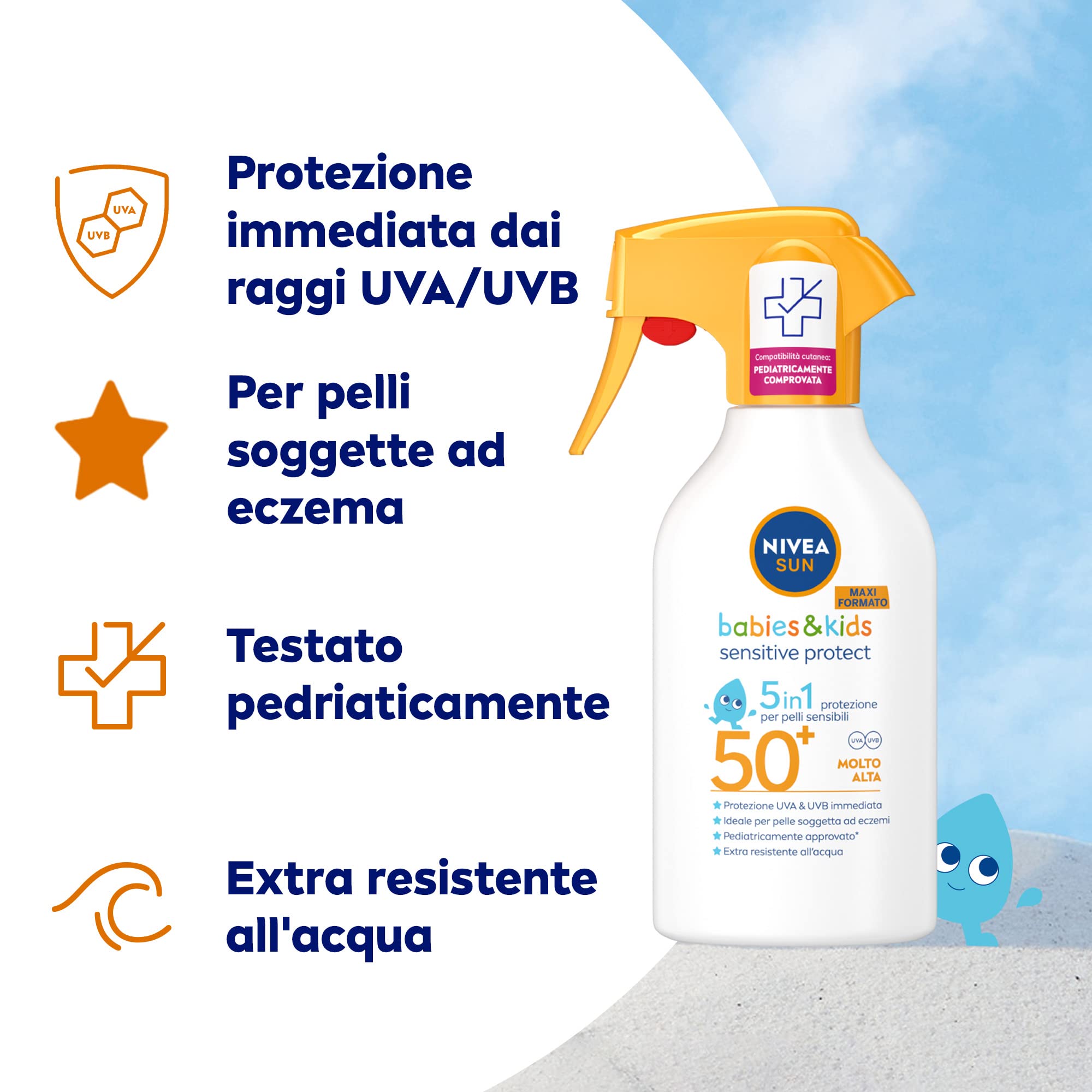 NIVEA SUN Kids Maxi Spray Solare Sensitive Protect & Play SPF 50+ 270 ml, Crema solare 50+ bambini e neonati dai 6 mesi in su, Proezione spray per pelle sensibili e delicate