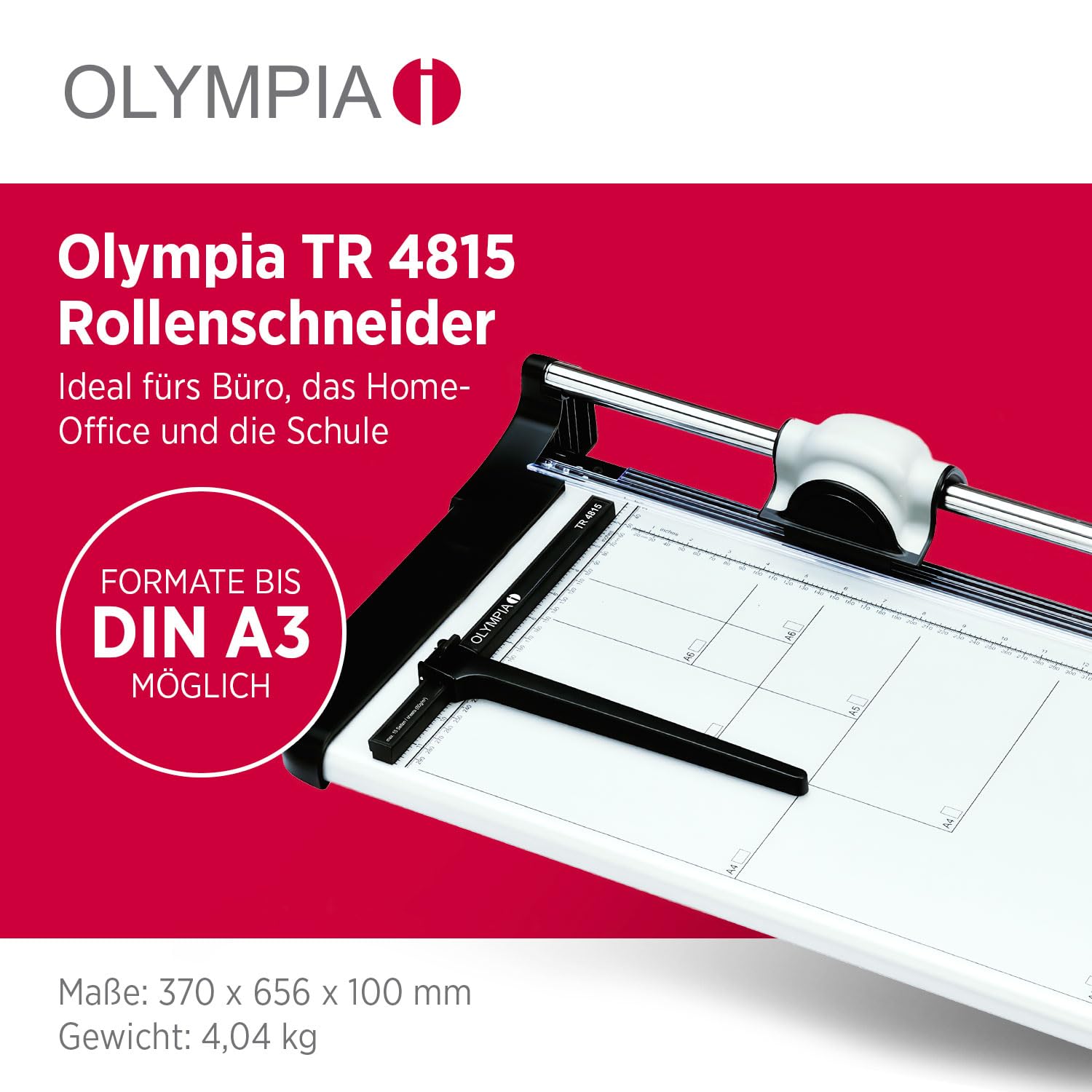 Olympia TR 4815 Profi Rollenschneidegerät | Papierschneider A3 | 15 Blätter | Schneidemaschine Papier | 480mm Arbeitsbreite | Sicherheitsschneidekopf mit Rundmesser | Papierschneidemaschine | Silber
