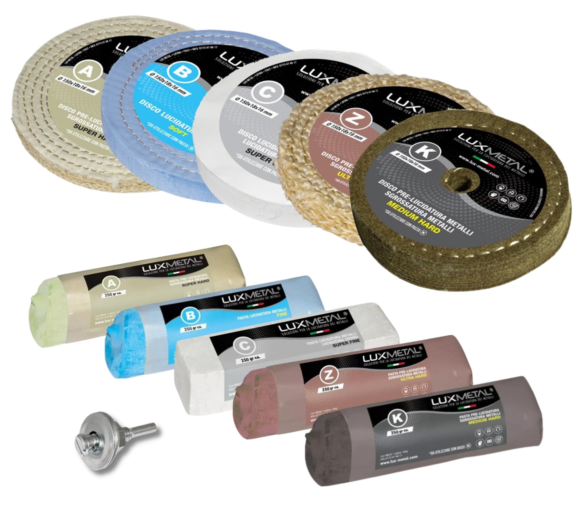 Lux Metal - Kit 5 Disco Lucidante 150 mm e 5 Pasta Abrasiva Lucidante 250 gr - Per Alluminio, Ferro, Acciaio Inox, Bronzo, Marmo - Ruota Lucidatura Metalli Trapano Mola Smerigliatrice Feltro Cotone