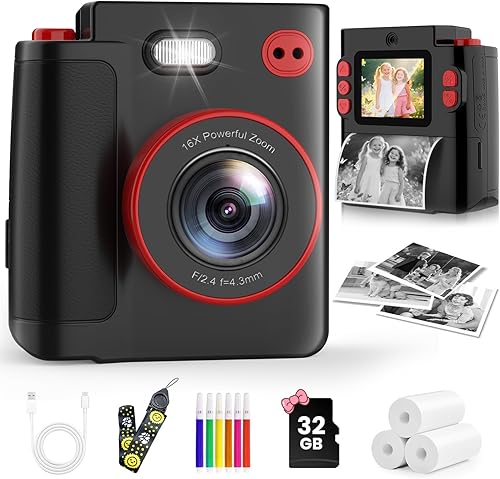 Cámara de impresión instantánea para niños, cámara digital negra clásica para niños de 3 a 12 años, 1080P HD con tarjeta SD de 32 GB, modo selfie y