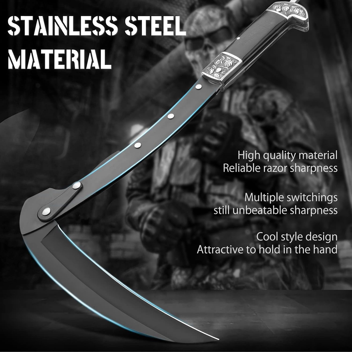 VALHALLA Folding Sickle, Black Sharp Folding Scythe with 2 Sections, Hand Sickle Knife Wooden Handle, Portable Safety Sickle Knife with Sheath - Image 2