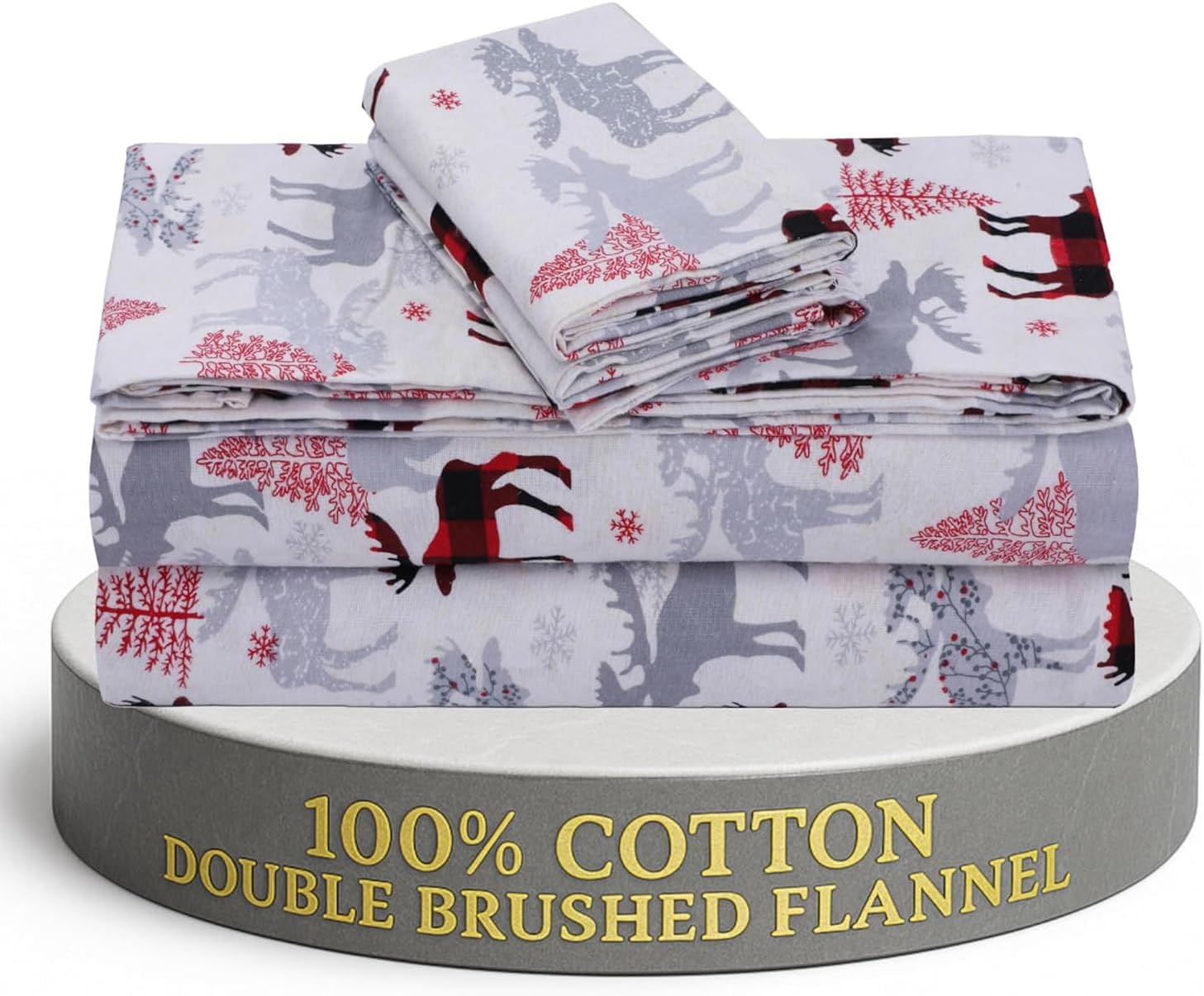 Feather & Stitch 100% Cotton Flannel Full Sheet Set, 4 Piece Brushed Cotton Flannelette Flat Sheet, Winter Fitted Sheet, Heavy Weight Bedding, 16" Deep Pocket, 2 Pillow Cases (Red Deer)