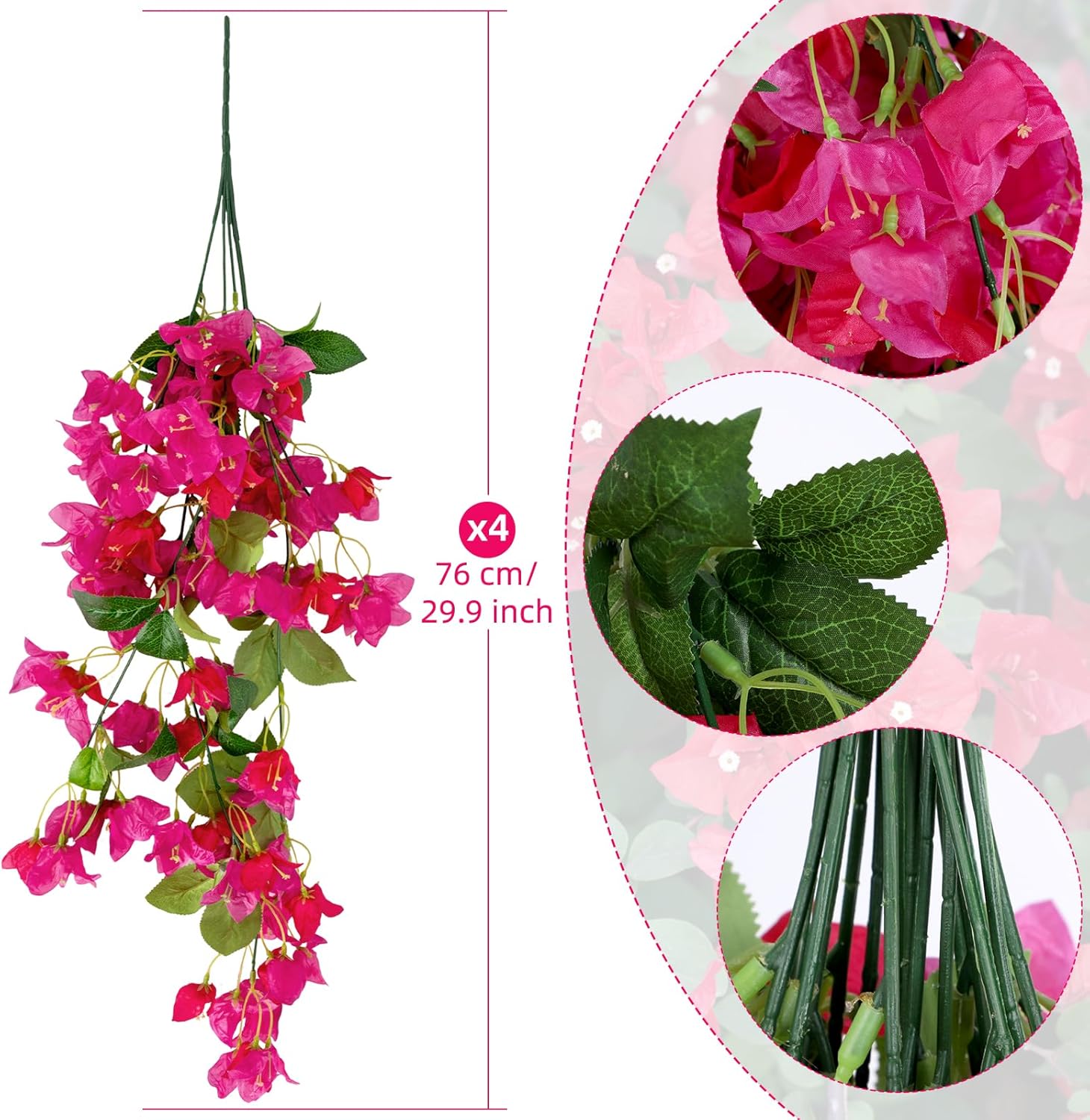 4PCS 29.9Inch Silk Bougainvillea Artificial Flowers Hanging Bougainvillea Artificial Fake Flouwer Vine for Wedding Porch Home Centerpieces Party Garden Indoor Outdoor Spring Decor (Fuchsia)
