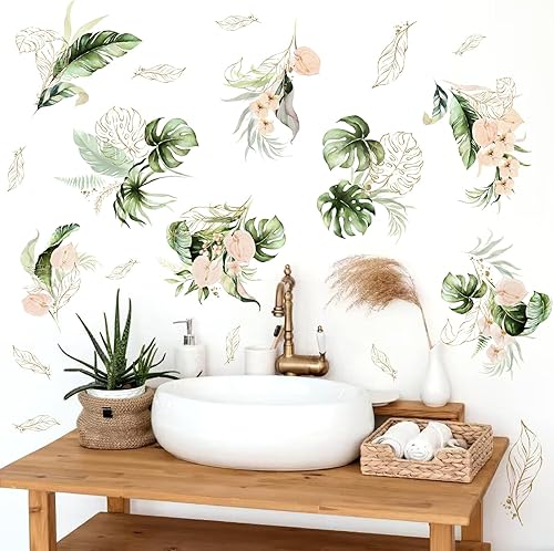 Miniatura 2 de Green Leaves Wall Decals Gold Line Leaves Wall Stickers Tropical Palm Leaf Wall Decals Peel and Stick Watercolor Botanical Plant Wall Art Murals