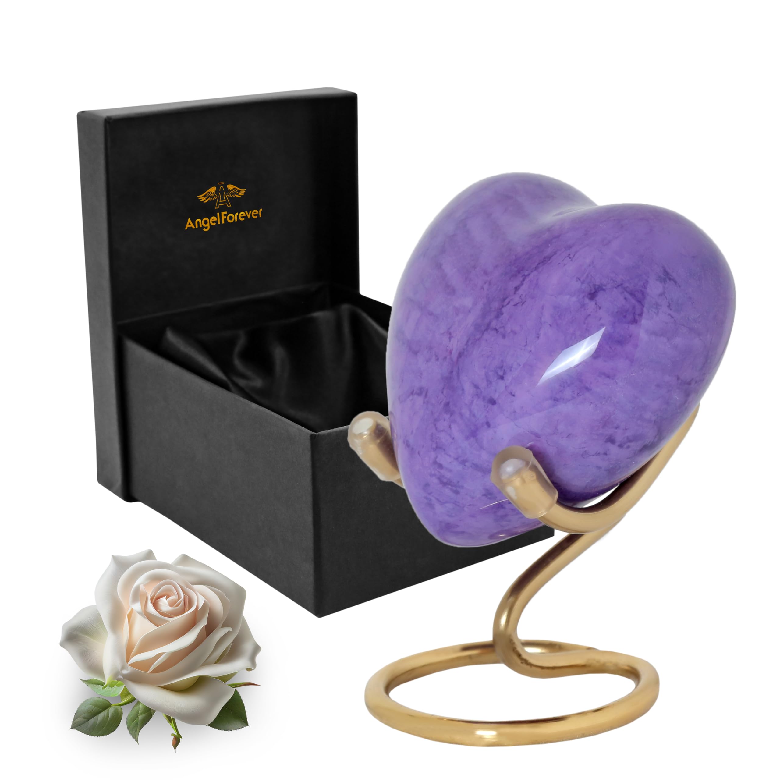 ANGELFOREVER Heart Urn with Stand & Box Keepsake Urn for Human Ashes Mini Cremation Urn for Men & Women (Purple Marble)