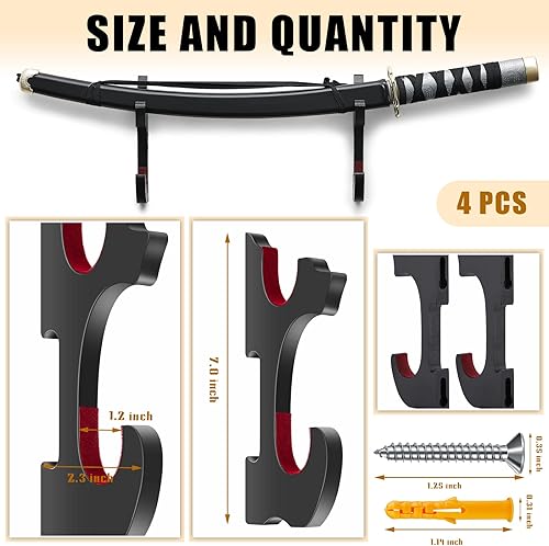 Miniatura 9 de Soporte de pared ajustable para espada, 4 piezas, soporte de madera para armas de artes marciales, soporte para armas samurái, montaje en pared,