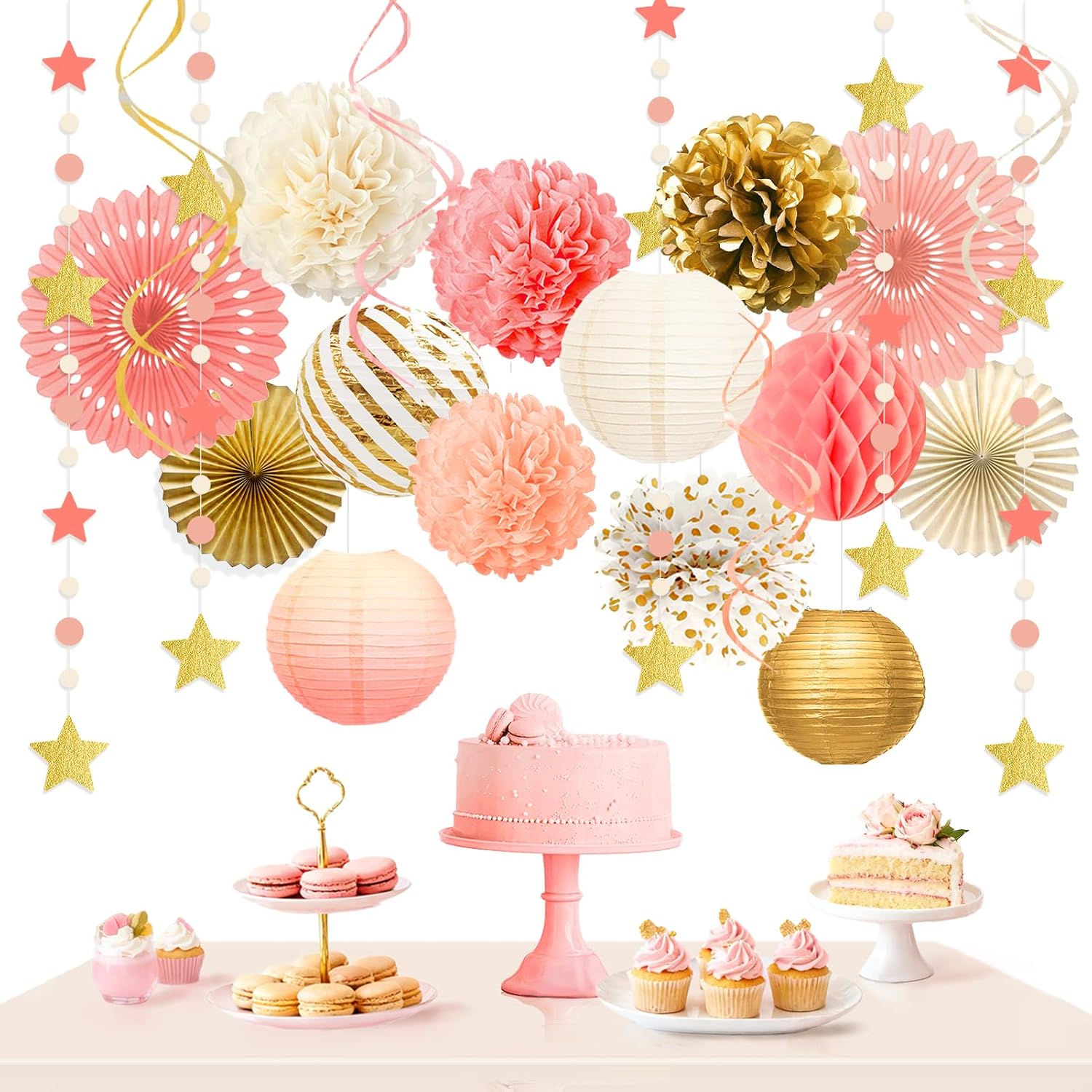 AOBKIAT Pink Gold Party Decorations Kit,19PCS with Paper Pom Pom Flowers,Lanterns,Fans,Star Garlands,Swirls for Girls Women Birthday,Wedding,Bachelorette,Bridal Shower,Baby Shower,Princess Party