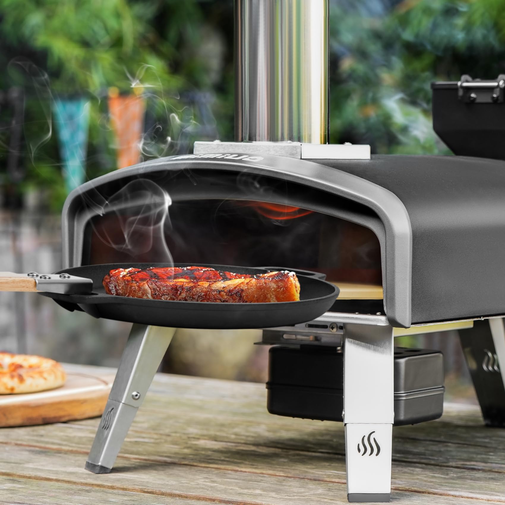 Mimiuo Pellet Pizzaofen mit Drehfunktion 33cm Pizzastein Tragbar Outdoor Schwarz