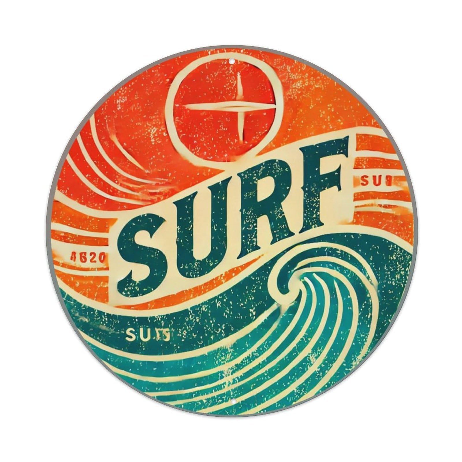 Surf Wave Sun Logo Design Retro Metal Sign Round Tin Sign, Vintage Decor Art Poster for Bar, Home, Man Cave, Kitchen, Laundry Room Gift 8x8Inch