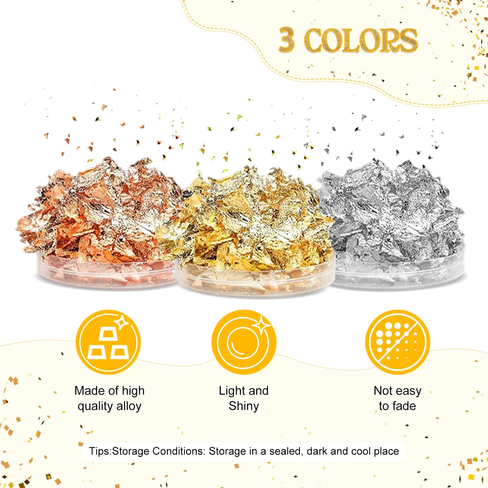 DsDAEDK Goudfolie Vlokken – 6 Flessen, 3 Kleuren (goud, Zilver, Roségoud), 30 Gram, Met Pincet, Voor Knutselen, Hars En Nagelkunst