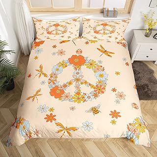 Retro 60S 70S Bedding Set Twin Groovy Flower Power Peace Sign Duvet Cover Boho Honeybee Ladybug Dragonfly Comforter Cover Gifts For Women Girls,Peace Wreath Bed Set 1 Pillow Case Yellow Orange