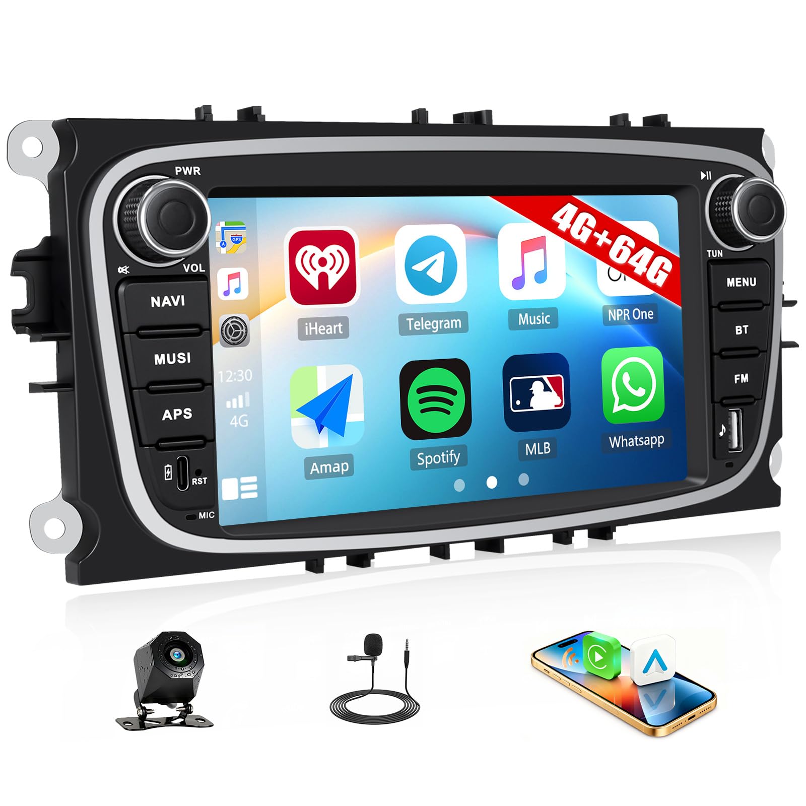 SIXWIN 4+64G Android 15 Autoradio per Ford Focus II Galaxy II Mondeo 9 S-MAX C-MAX con Wireless Carplay/Android Auto/Mirrorlink, 7'' Touchscreen Schermo con WiFi GPS FM/RDS Bluetooth5.0+32EQ(Nero)