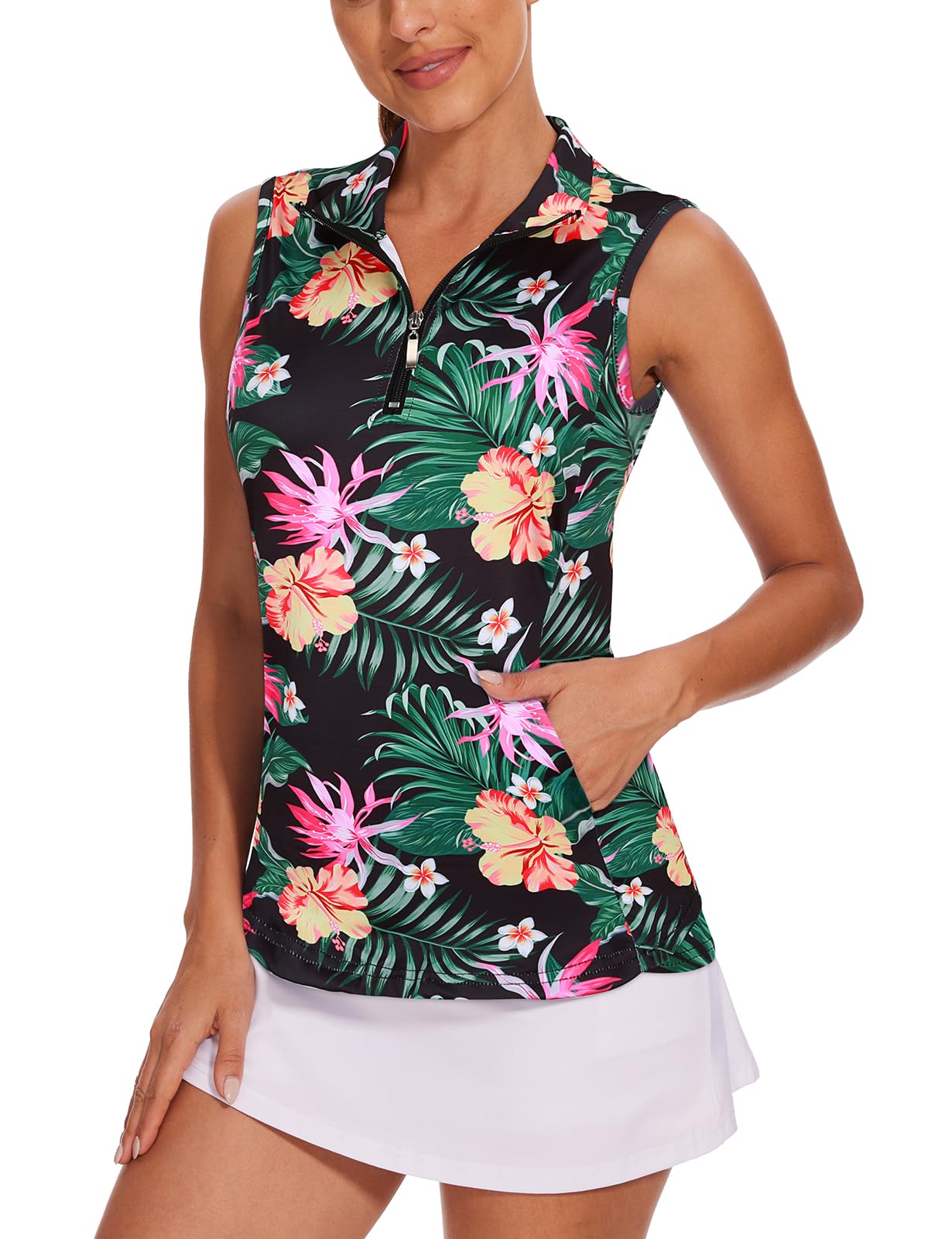 Tanst Sky Womens Sleeveless Golf Shirt Zip Up Workout Tops with Pockets