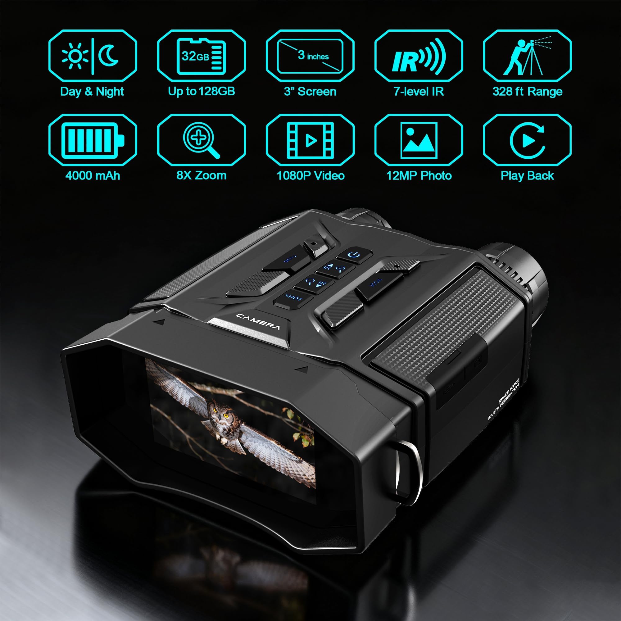 Jumelles de Vision Nocturne, 3.0" Écran HD, Portée 100m, Zoom 8X, 7 Niveaux IR, Jumelles Vision Nocturne avec Batterie 4000mAh, Carte 32GB, Lampe Tactique, pour Chasse, Camping