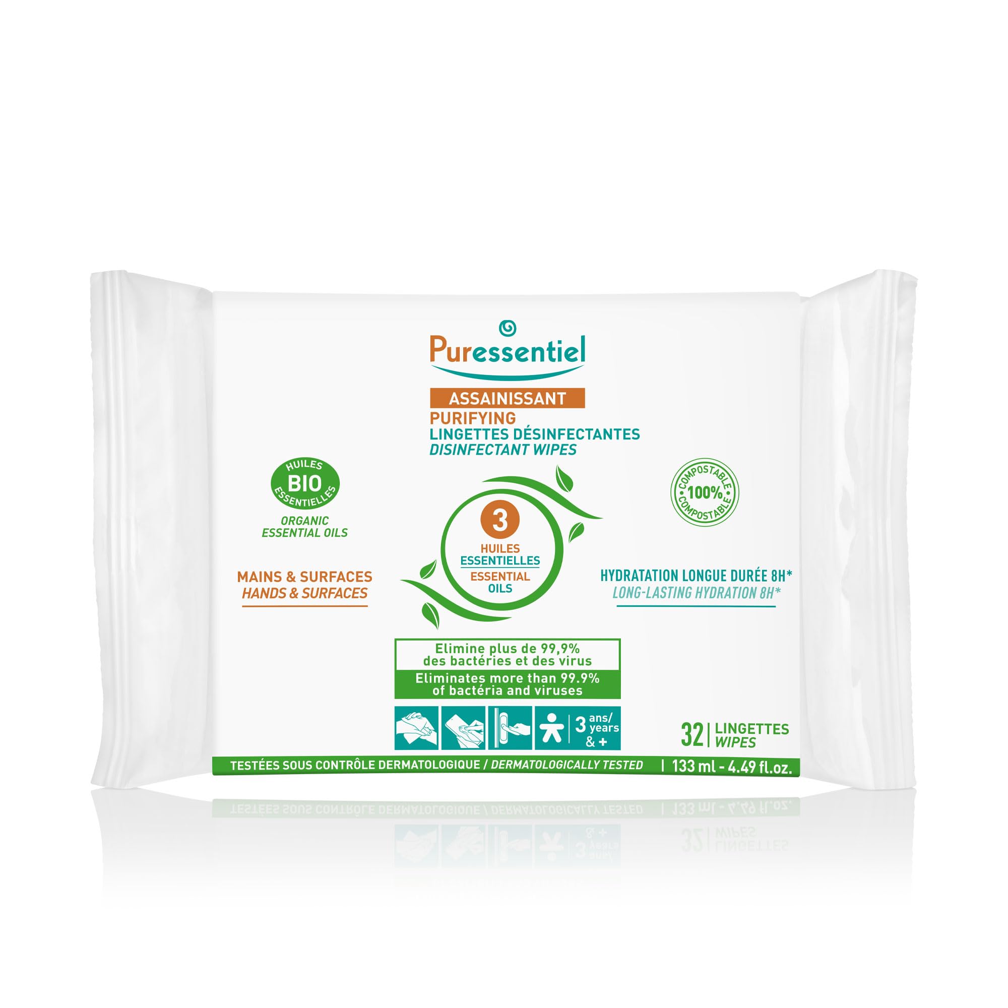 Puressentiel Natural Antibacterial Wipes 32 wipes with 3 Essential Oils