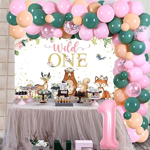 Miniatura 2 de Decoraciones de primer cumpleaños del bosque para niña, kit de arco de guirnalda de globos con telón de fondo rosa para animales del bosque,