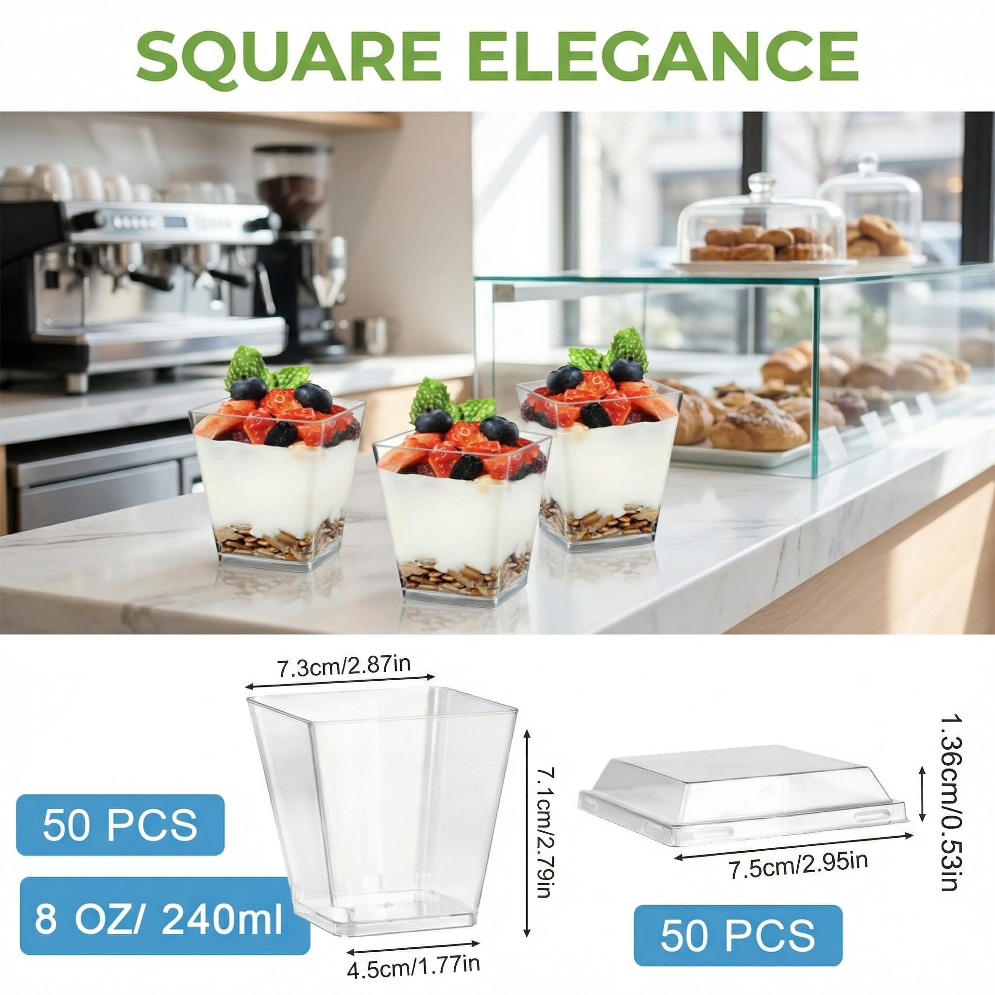 50 Tazze da Dessert in Plastica con Coperchi, 240 ml/8 oz Coppe da Dessert Quadrate, Mini Bicchieri di Plastica per Dessert Riutilizzabili per Gelati Budini Mousse Feste Compleanni Matrimoni