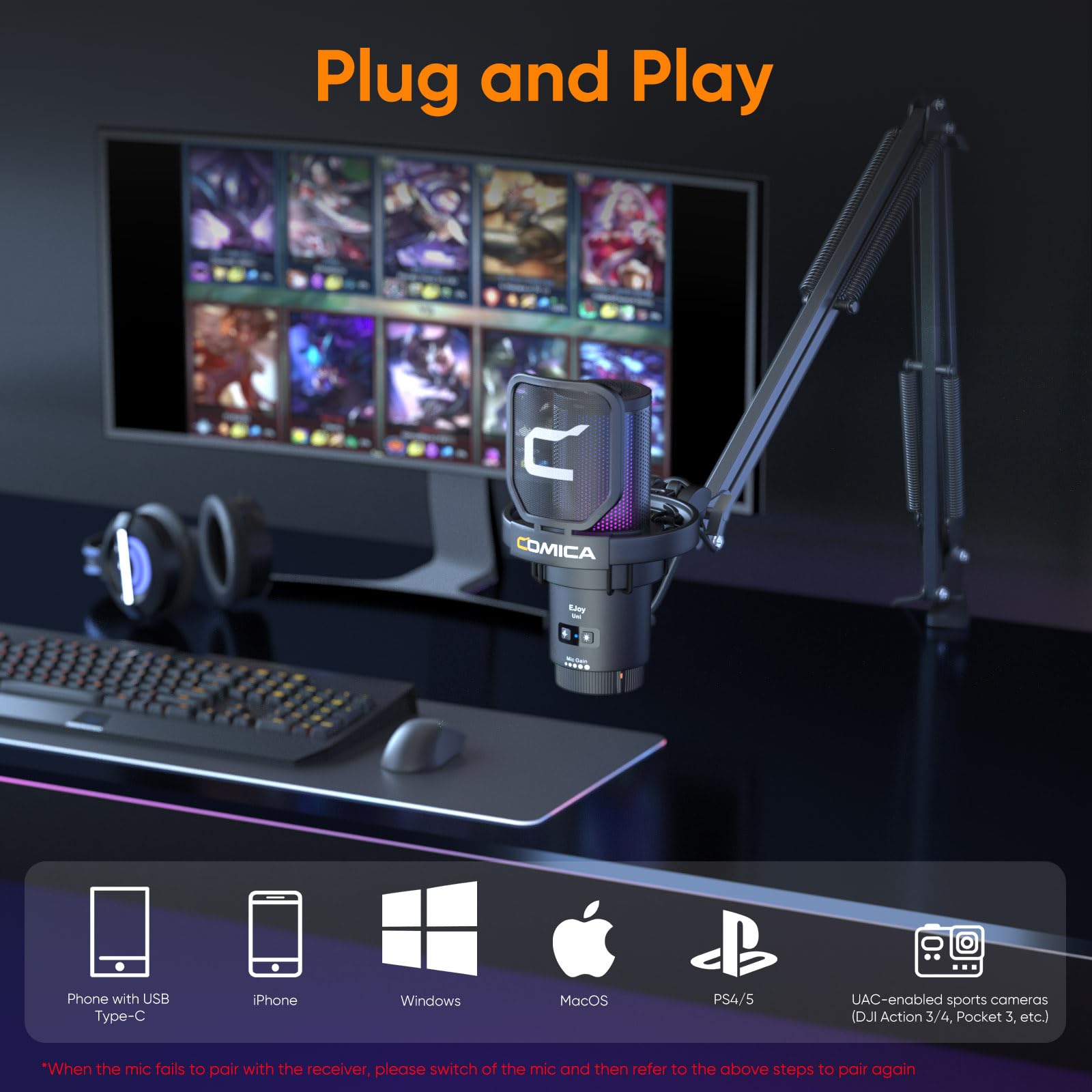 COMICA EJoy Uni - Condensador USB para juegos para PC, PS4, PS5, teléfono USB C y Mac, micrófono de computadora RGB con brazo Boom Arm para Twitch, streaming/podcasting/YouTube, micrófono de