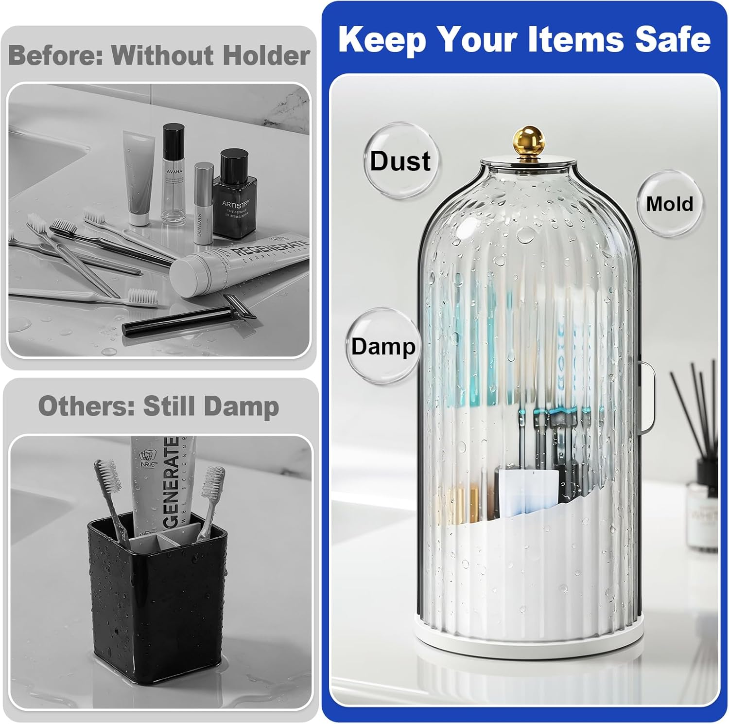 Dustproof Toothbrush Holder with Cover & Set of 2 Woven Toilet Paper Storage Basket