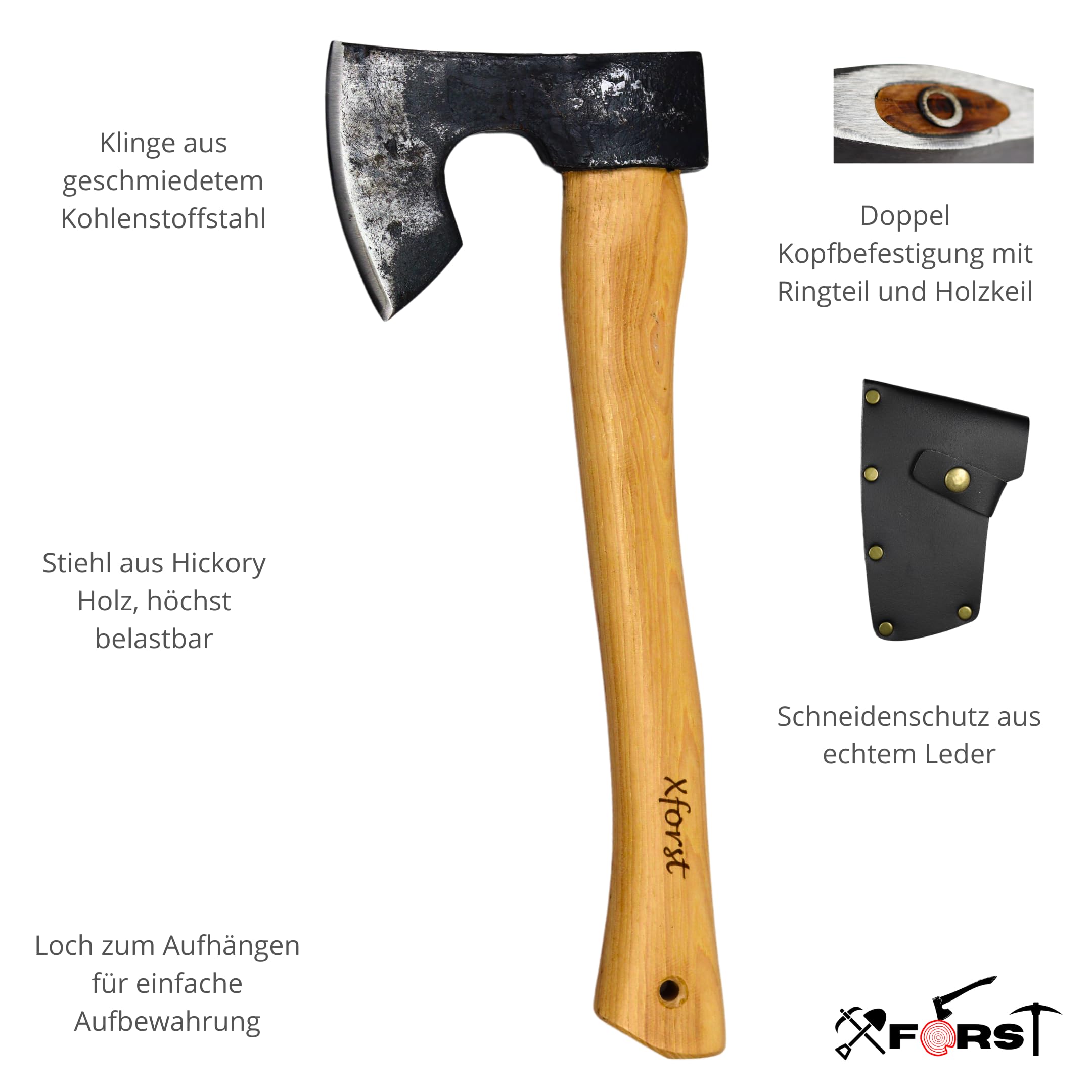 TIVOLI 38 cm handgesmede Vikingbijl, ergonomische outdoor kloofbijl met houten handvat en beschermhoes, ideaal voor kamperen, tuinieren en bos