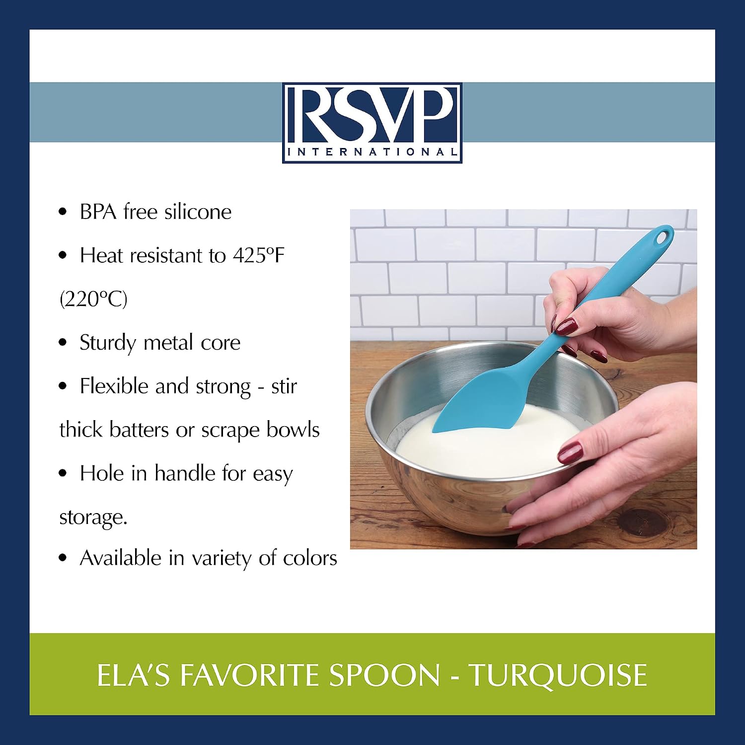RSVP International Ela's Favorite Silicone Spatula Spoon, Turquoise, 11" | BPA-Free Silicone | Mix Thick Batters, Scrape Sauces, Stir Pasta, & More | Dishwasher Safe & Heat Resistant