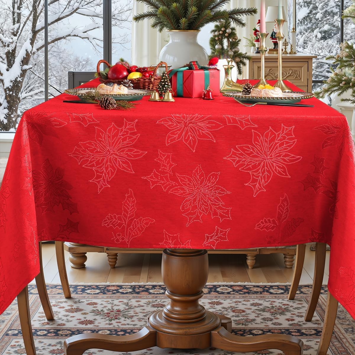 Honellaty Christmas Poinsettia Tablecloth Rectangle, 60 x 102 inch Jacquard Washable Polyester Durable Spillproof Anti-Wrinkle Damask Fabric Table Cover for Christmas or Daily Uses, Red