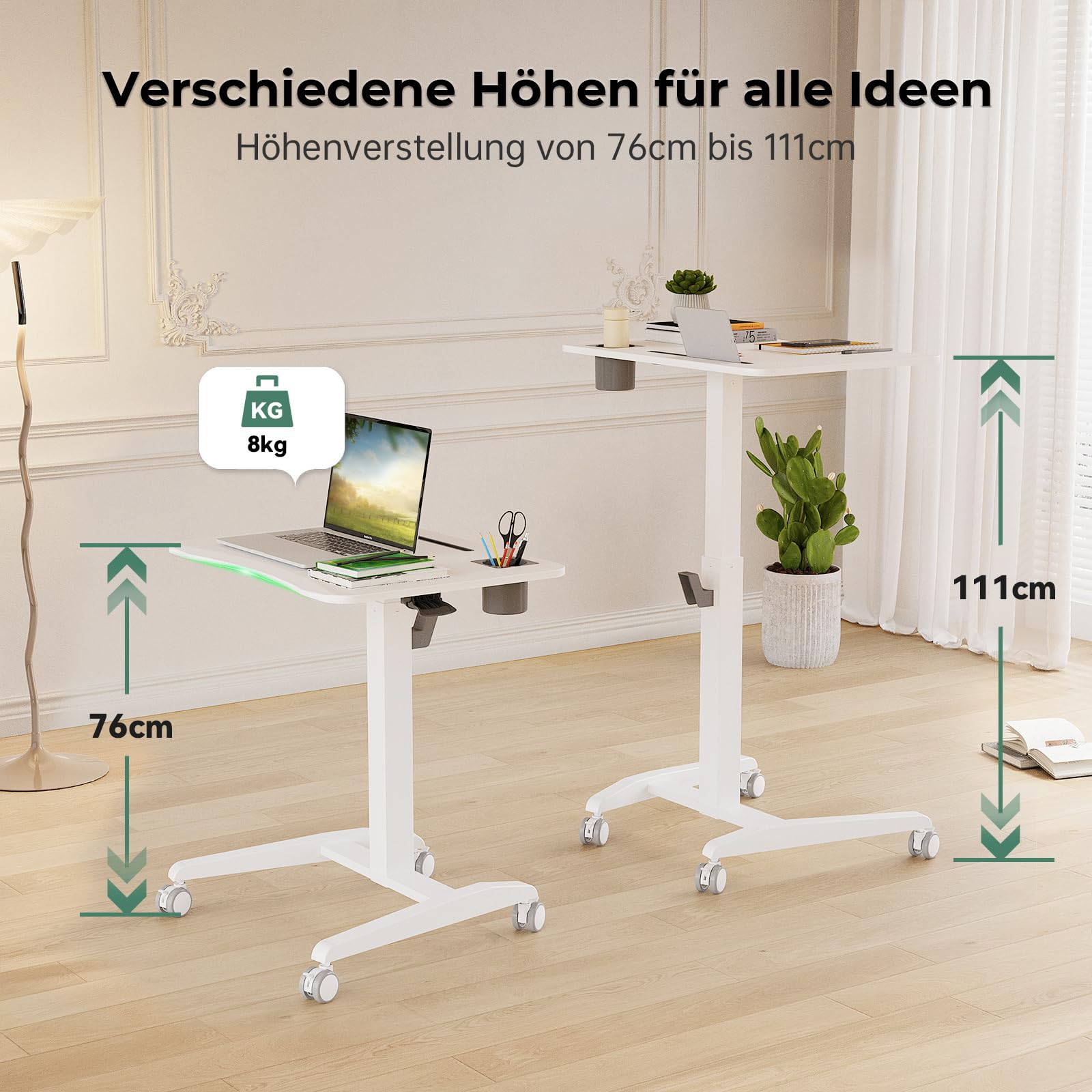 Gibbon Mounts Höhenverstellbar Schreibtisch, Mobiler Laptoptisch mit Rollen | Tragbarer weißer Stehpult 70x52cm mit abgerundeter Tischplatte, Getränkehalter, Schlitz und Haken, 4 feststellbare Lenkrollen