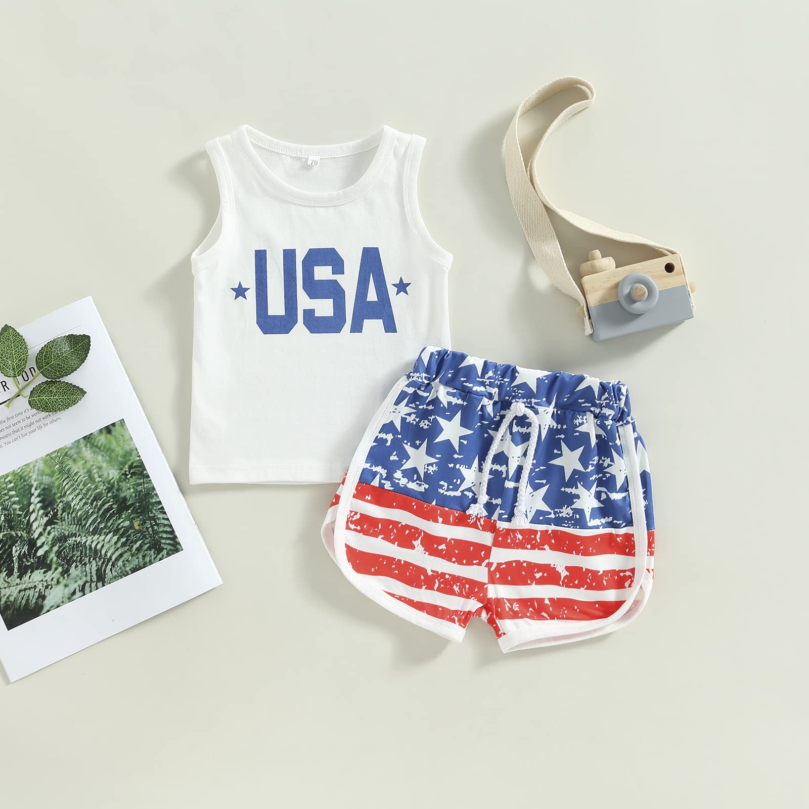 FYBITBO Baby Boy Summer Clothes Toddler 4th of July Outfit Boy Usa Sleeveless Shirt Tank Top Stars Stripes Shorts Set (USA letter, 2-3 Years)