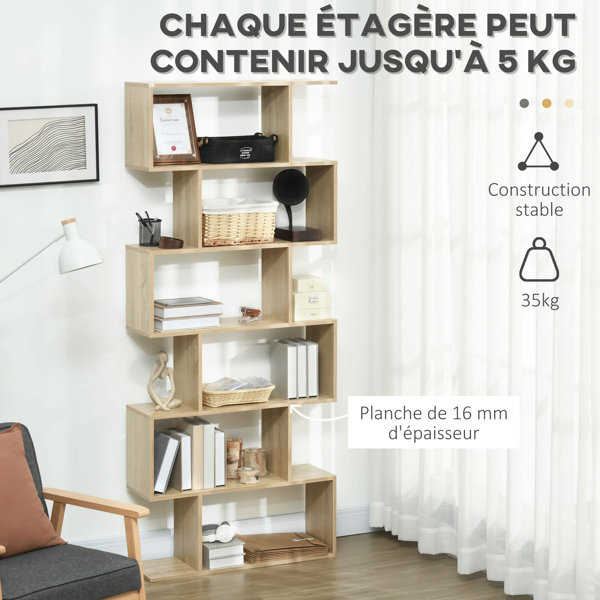 HOMCOM Bibliothèque Étagère Zig Zag 6 Niveaux 80Lx23lx192Hcm Chêne Clair | Design Contemporain