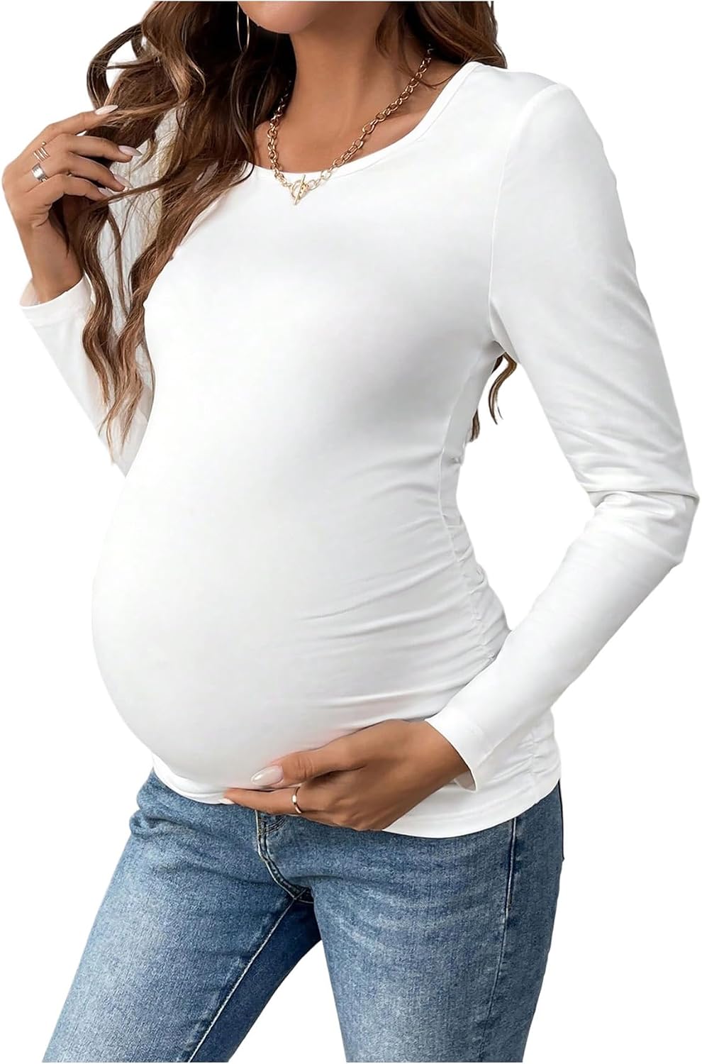 SOLY HUX Women's Maternity T Shirts Ruched Long Sleeve Crew Neck Pregnancy Tops Fitted Dressy Casual Basic Tees