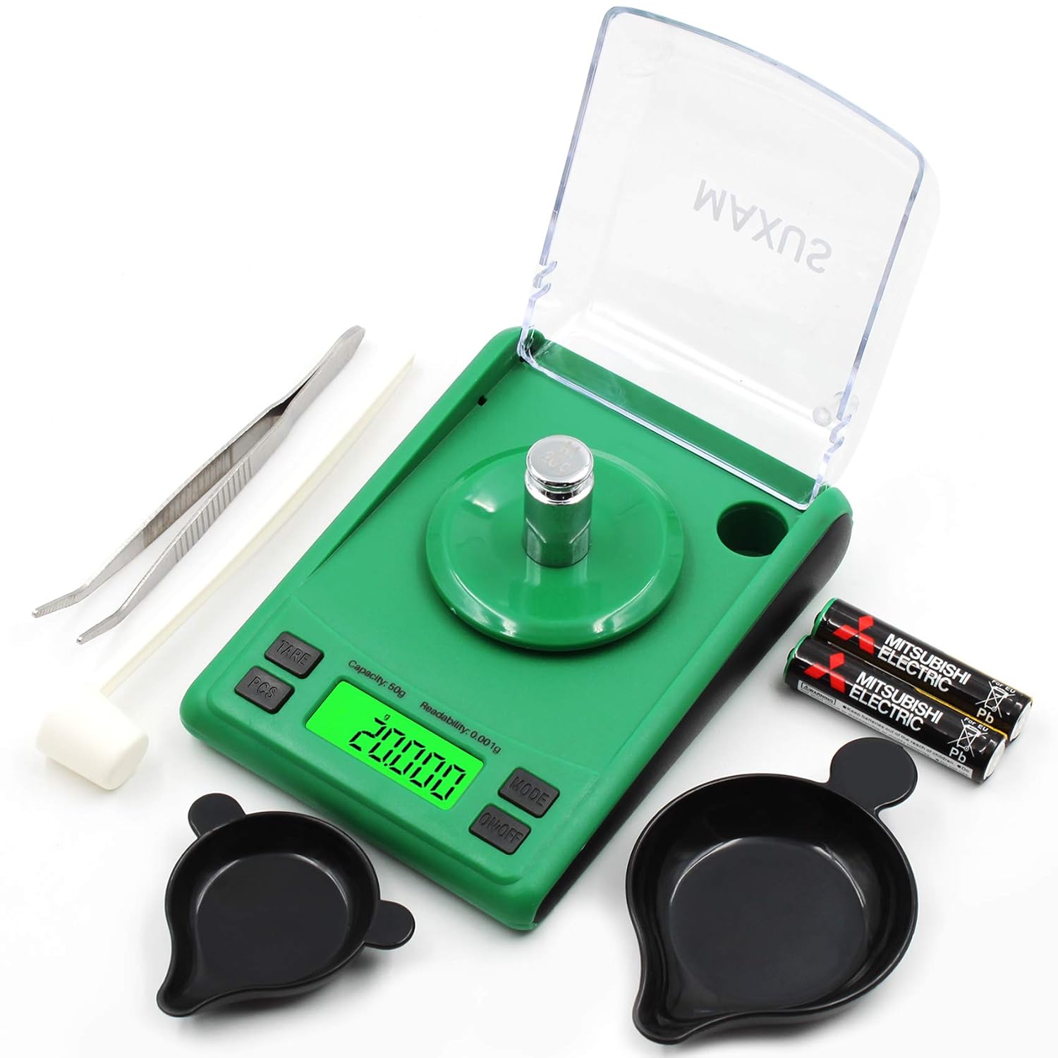 Maxus Dante Digital Milligram Scale 50g/0.001g, Includes a 20g Calibration Weight, a Scoop, a Powder Pan and Tweezers, in Green