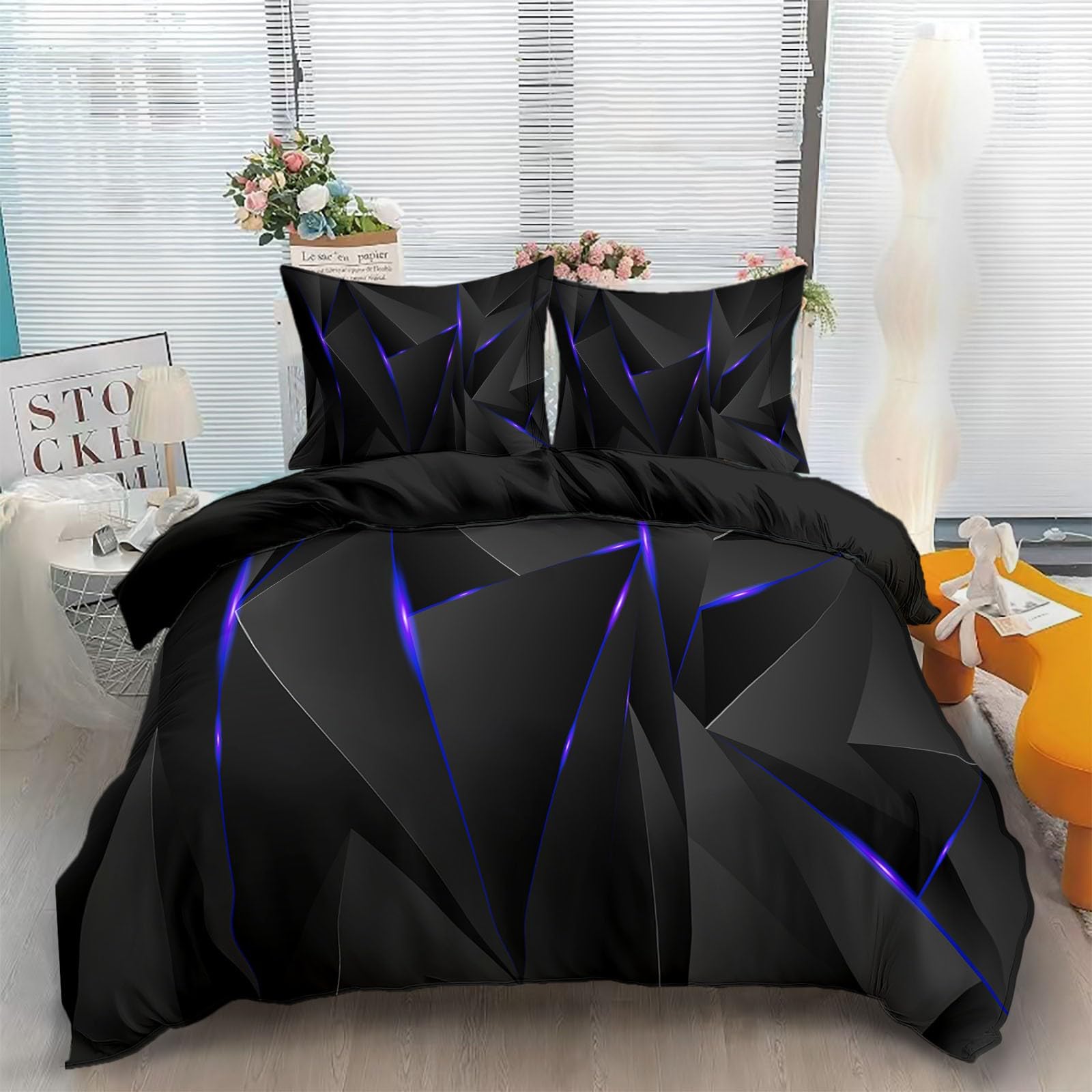 Copripiumino 135x200 cm Triangolo Solido Geometrico Nero Set Copripiumino in Microfibra Cotone, Reversibile Biancheria da Letto 3 Pezzi, Copripiumone con Cerniera e 2 Federe