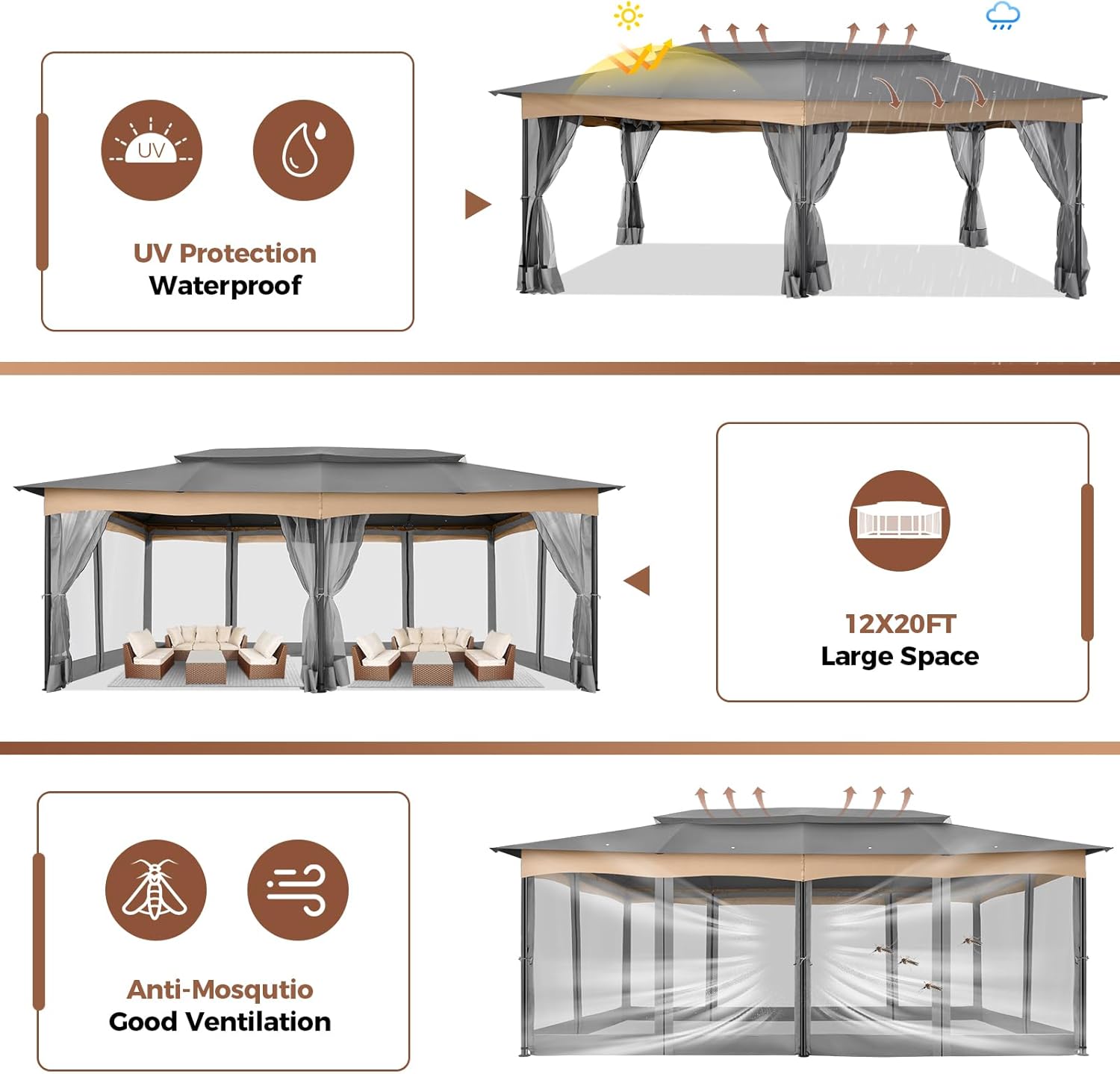COBIZI Gazebo 12x20 Heavy Duty Gazebos with Improved Nettings Outdoor Gazebo Double Roof Patio Gazebos with Metal Steel Frame Outdoor Canopy for Patio, Deck, Backyard-Gray