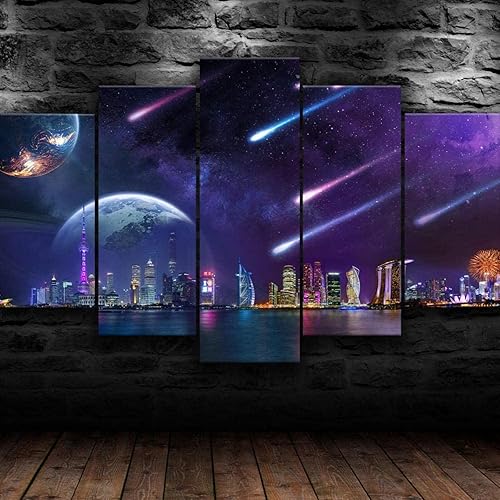 MIJIE - Póster artístico de pared de meteoritos de luna de ciudad espacial, decoración de pared enmarcada grande, 5 piezas, lienzo decorativo de