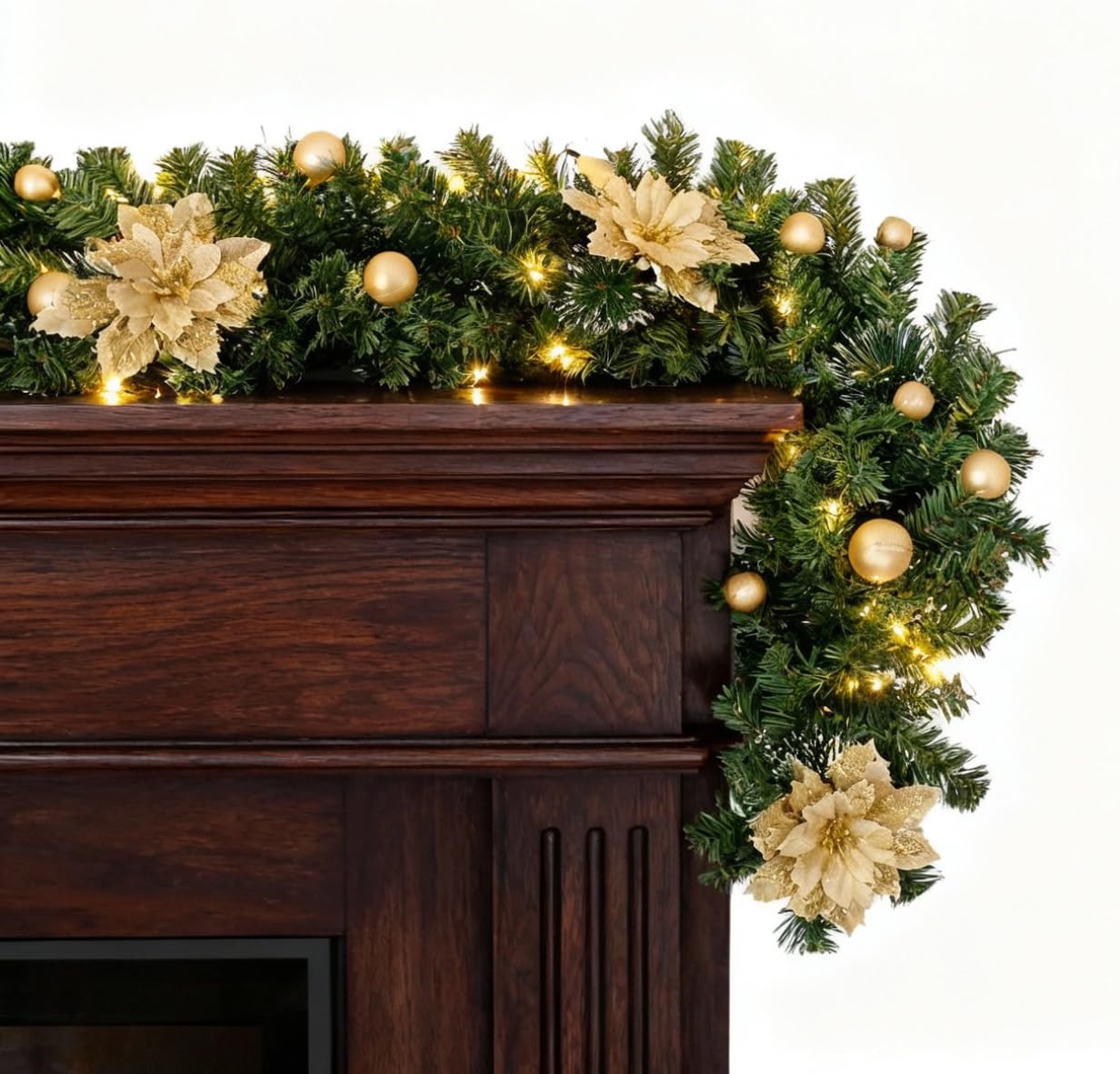Guirlande de Noël 270cm Avec Lumières Chaudes 5M 50 Leds, Guirlande de Noël avec doré Fleurs et Boules - Décoration pour Portes, fenêtres, cheminées, escaliers, Cour, intérieur et extérieur