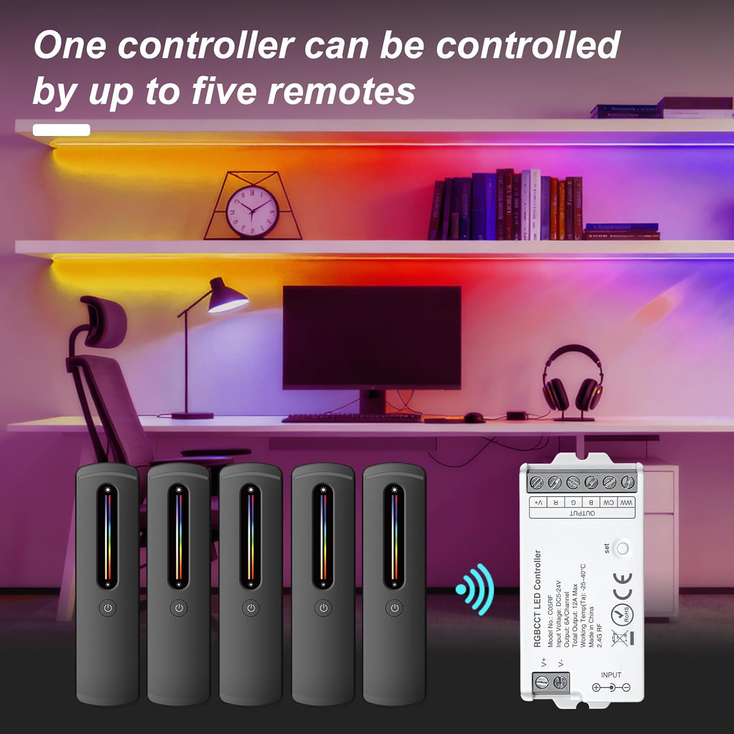 2.4GHz RF RGBCCT LED Strip Controller Remote Kit, Wireless Remote & Controller Dimmer with Group Control Adjust Brightness/Color Touch Slide for PWM 6Pin COB LED Strip Light DC5V DC12V DC24V